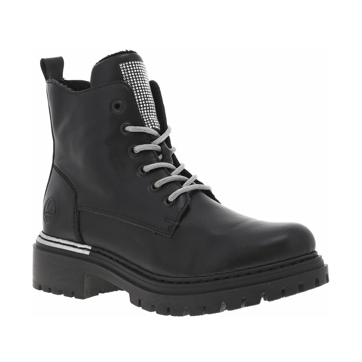 Bottines noires à talon décroché bas avec un zip et des lacets ronds noires, RIEKER