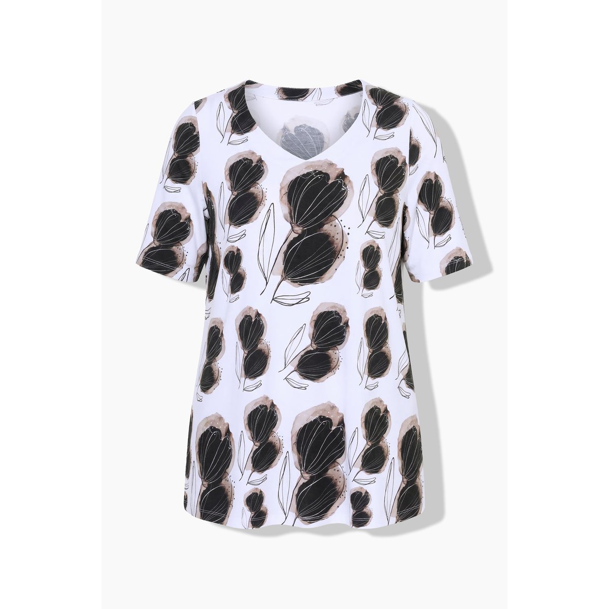 T-shirt au tombé fluide, motif floral gris beige, ULLA POPKEN