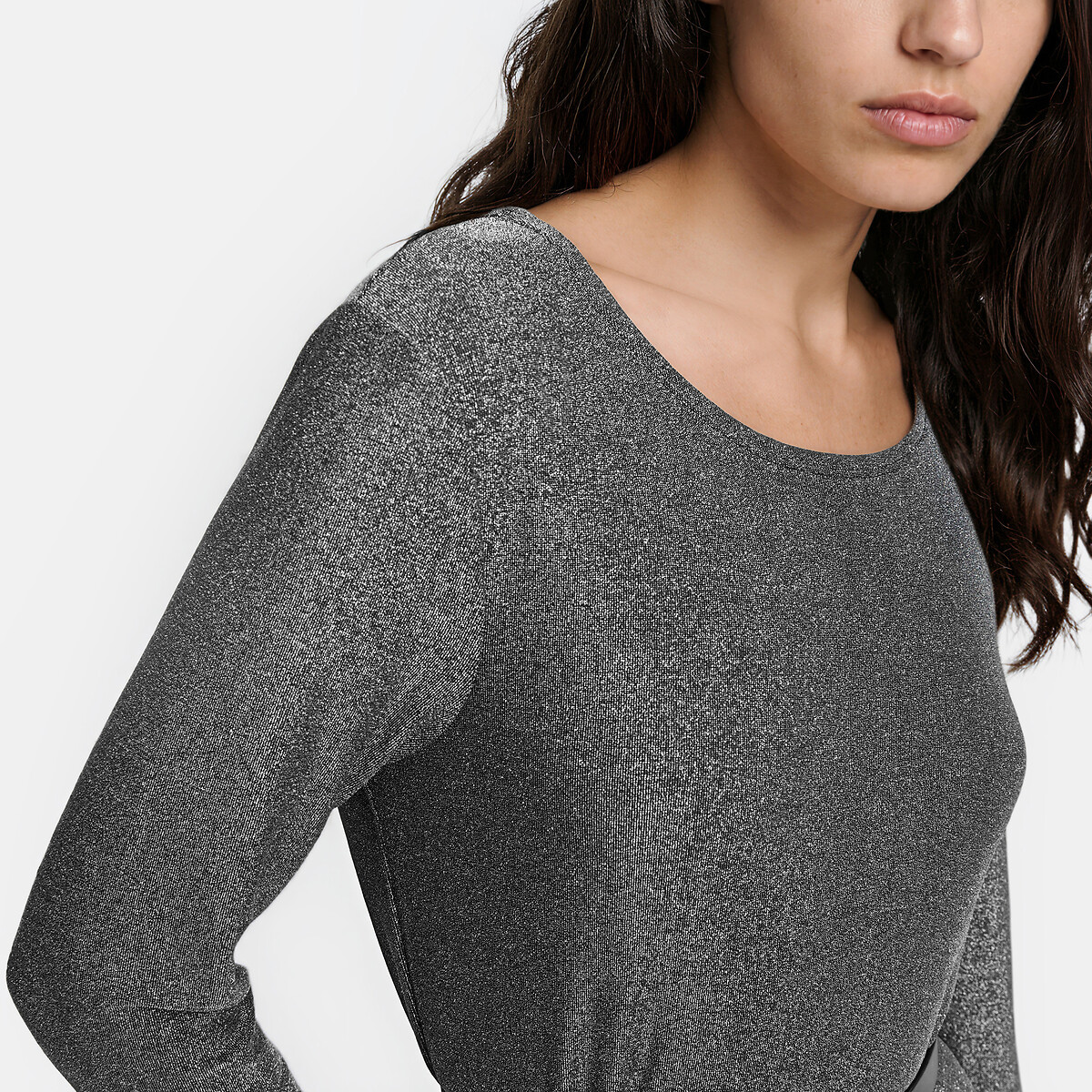 Langes Kleid mit langen Ärmeln aus glänzendem Strick schwarz silber, LA REDOUTE COLLECTIONS