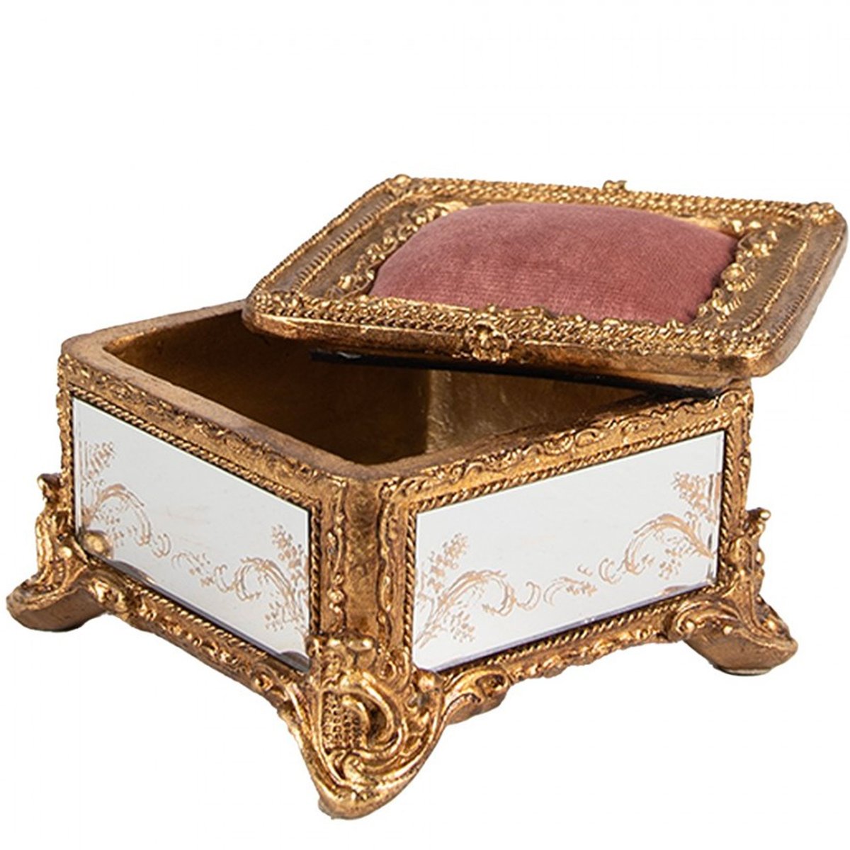 Boîte à bijoux polyrésine dorée et miroirs avec coussin velours rose 12x12x7cm doré, WADIGA
