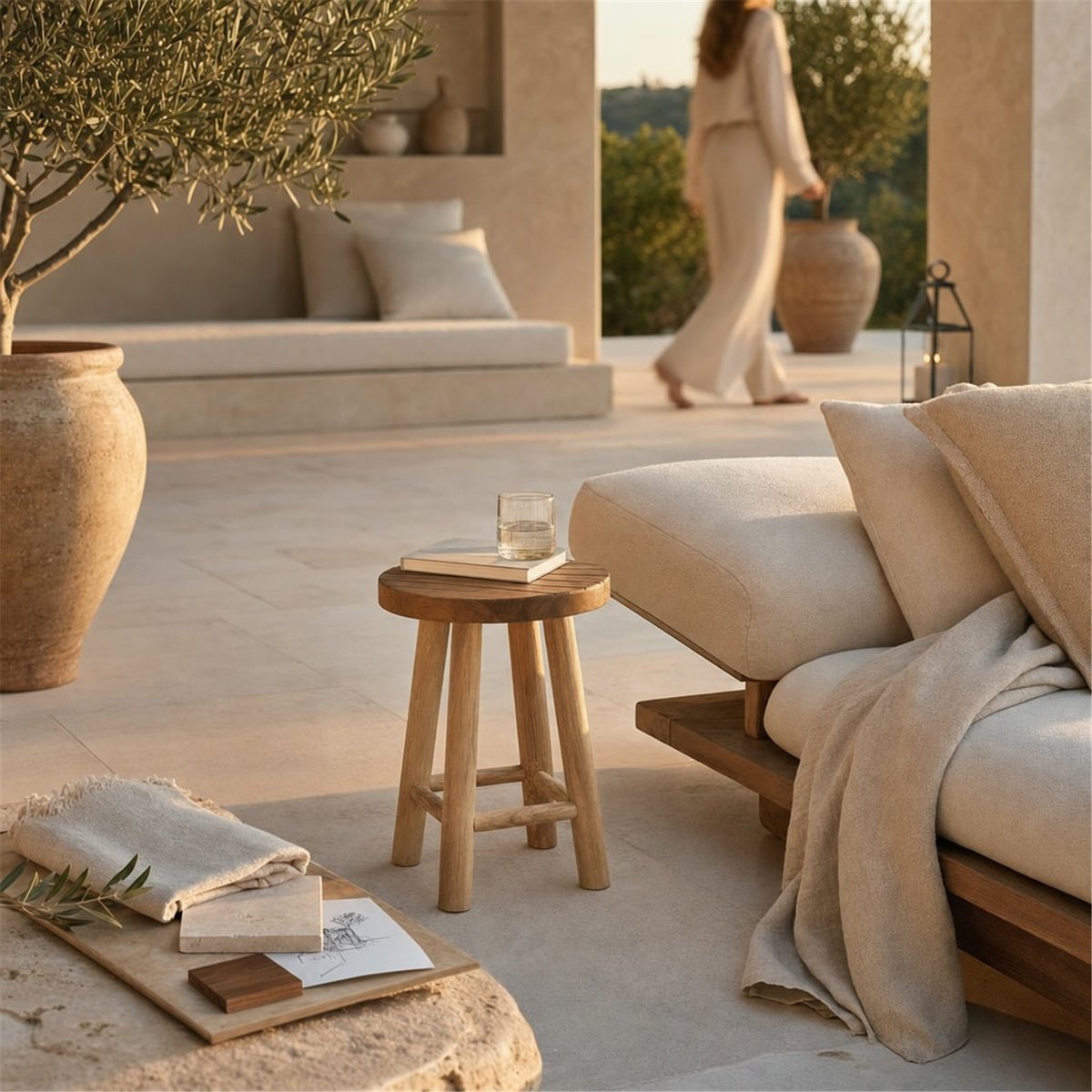 Tabouret rond en teck massif naturel, RECOLLECTION