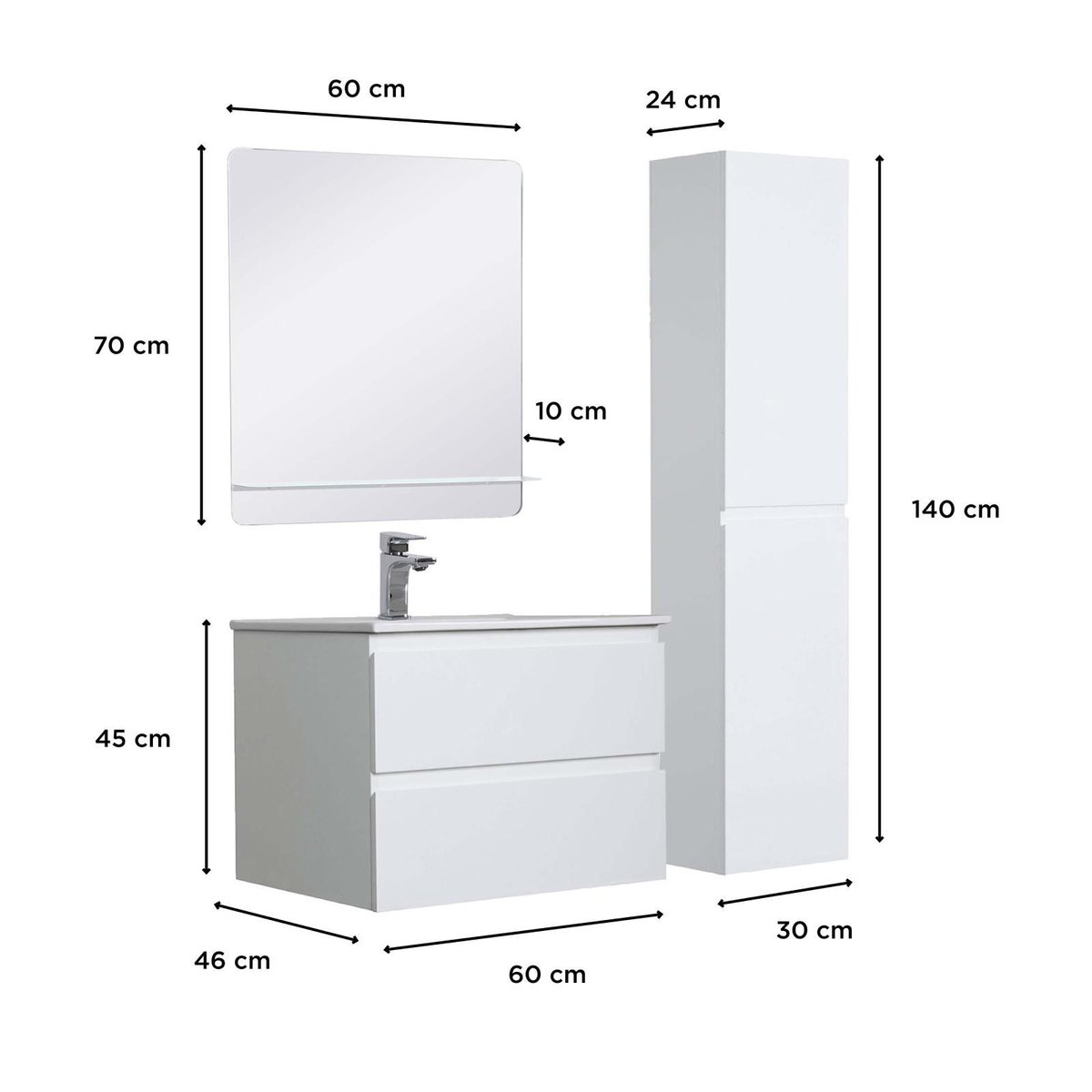 Meuble simple +vasque+miroir+colonne SORRENTO blanc, MOB IN