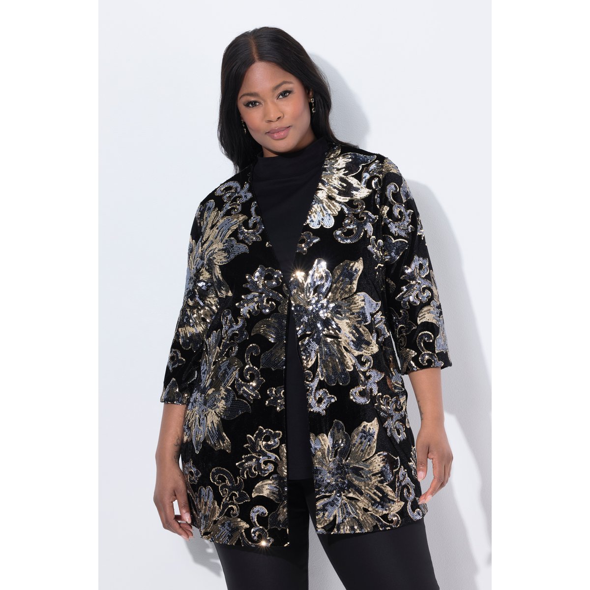 Veste évasée en velours, encolure en V noir, ULLA POPKEN