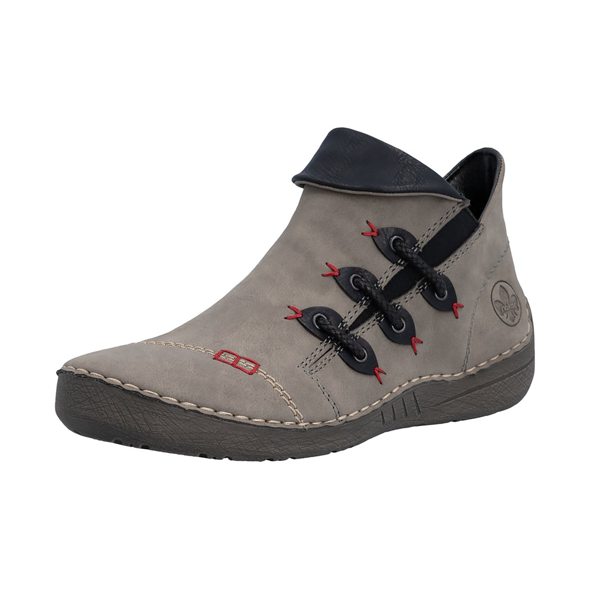 Boots bleu marine à talon plat avec une fermeture zippée et soufflet élastiqué gris, RIEKER
