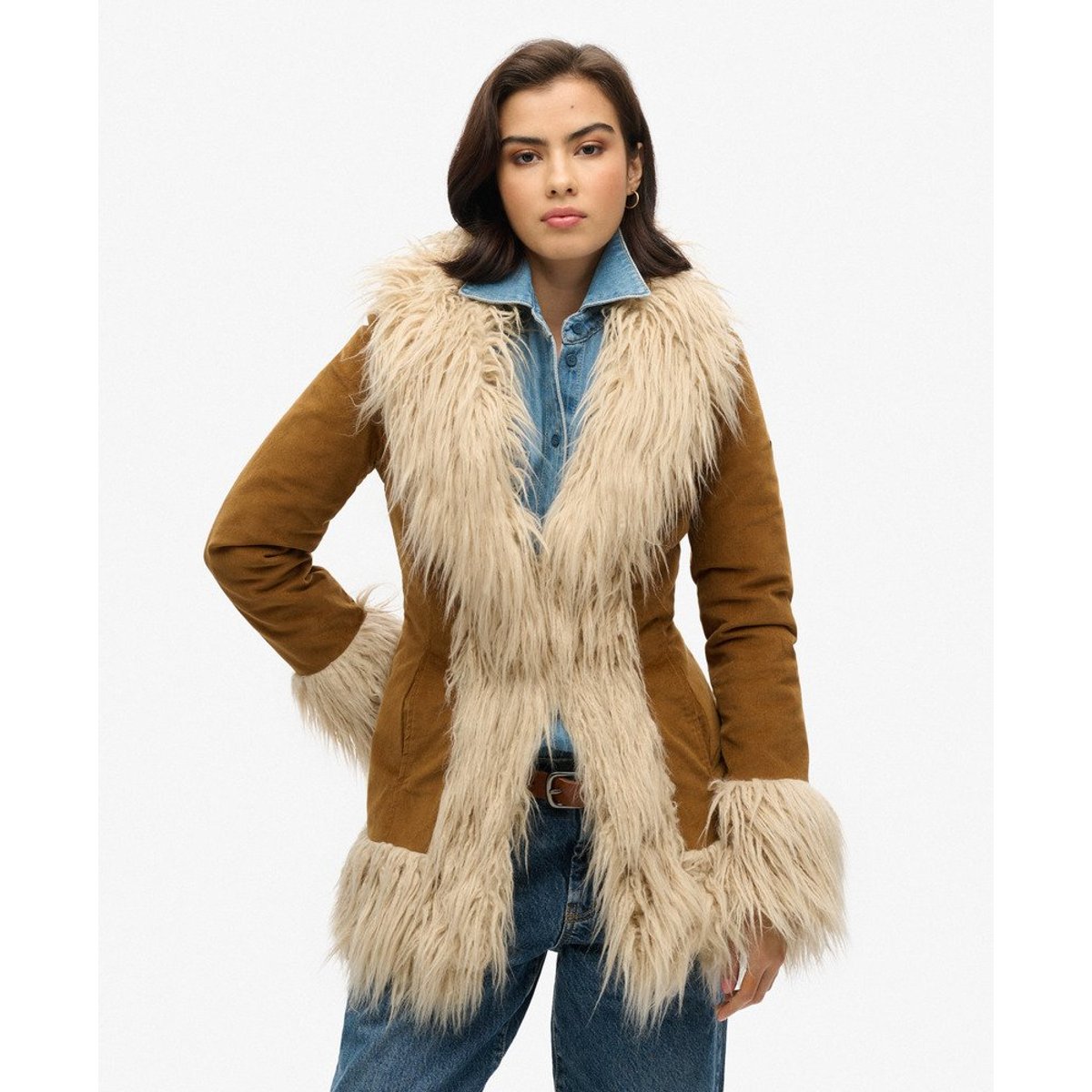 Manteau afghan avec doublure en imitation fourrure marron denim co tobacco, SUPERDRY