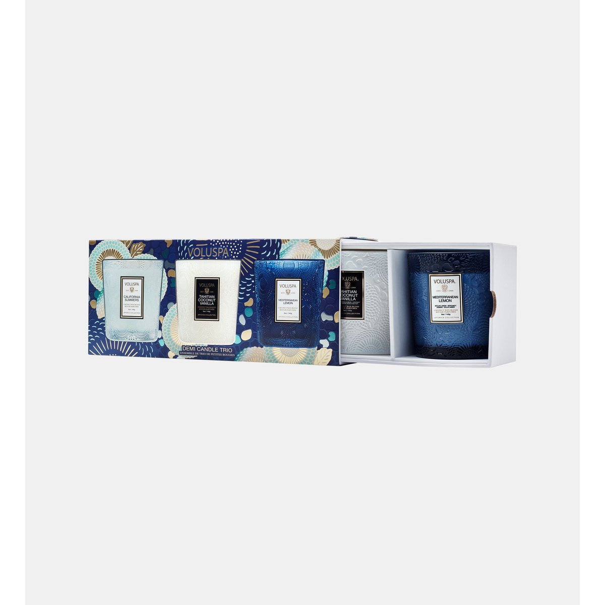 Trio bougies parfumées « coastal getaway » bleu, VOLUSPA