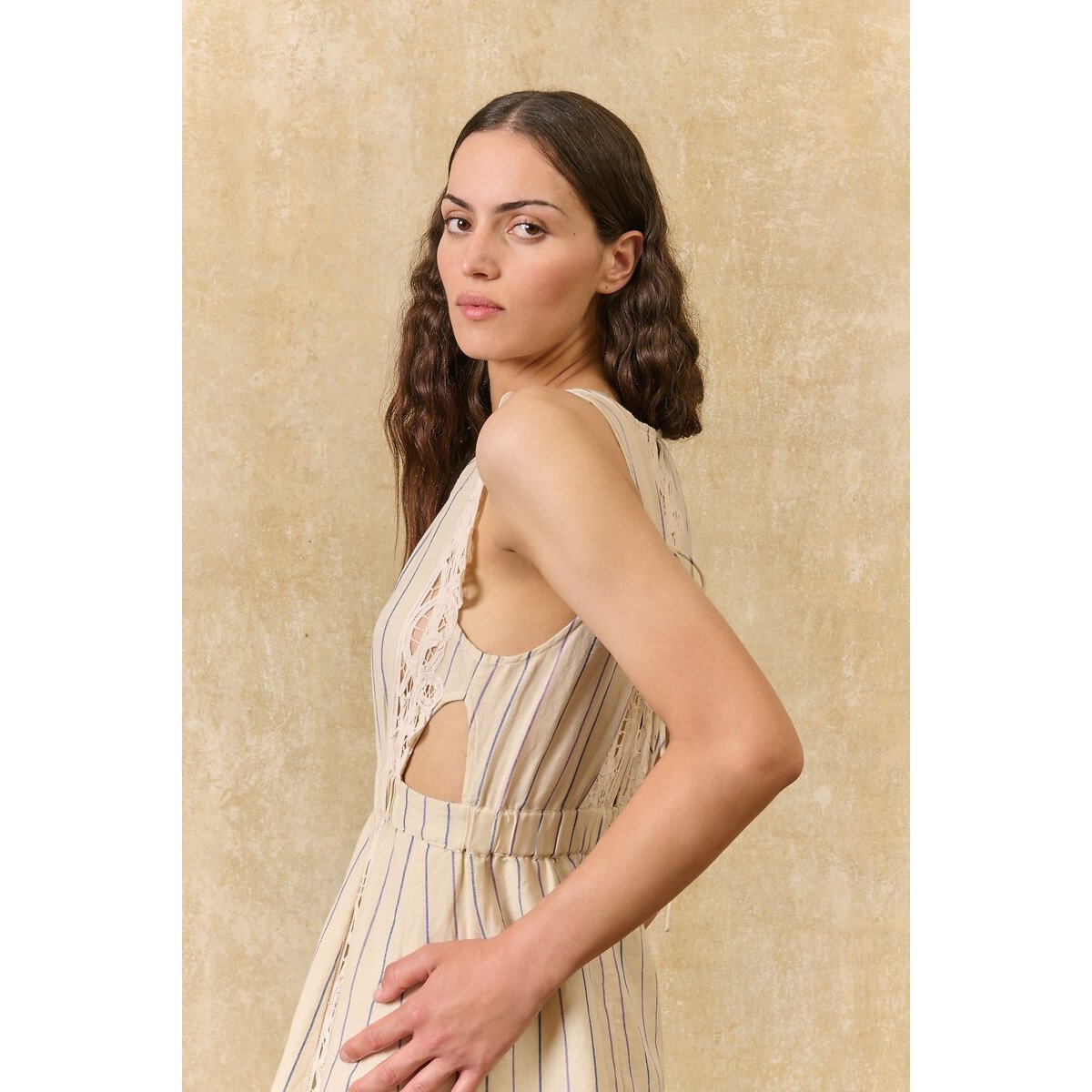 Robe sans manches à fines rayures et broderies, ARIANE ecru/marine, LOUISE MISHA