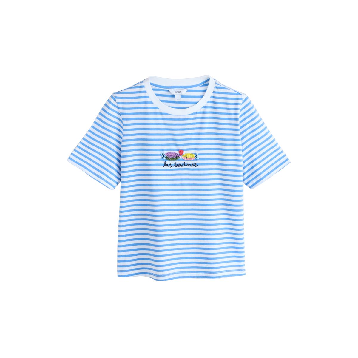 T-shirt à col rond orné d’une sardine rayé bleu/blanc, NEXT