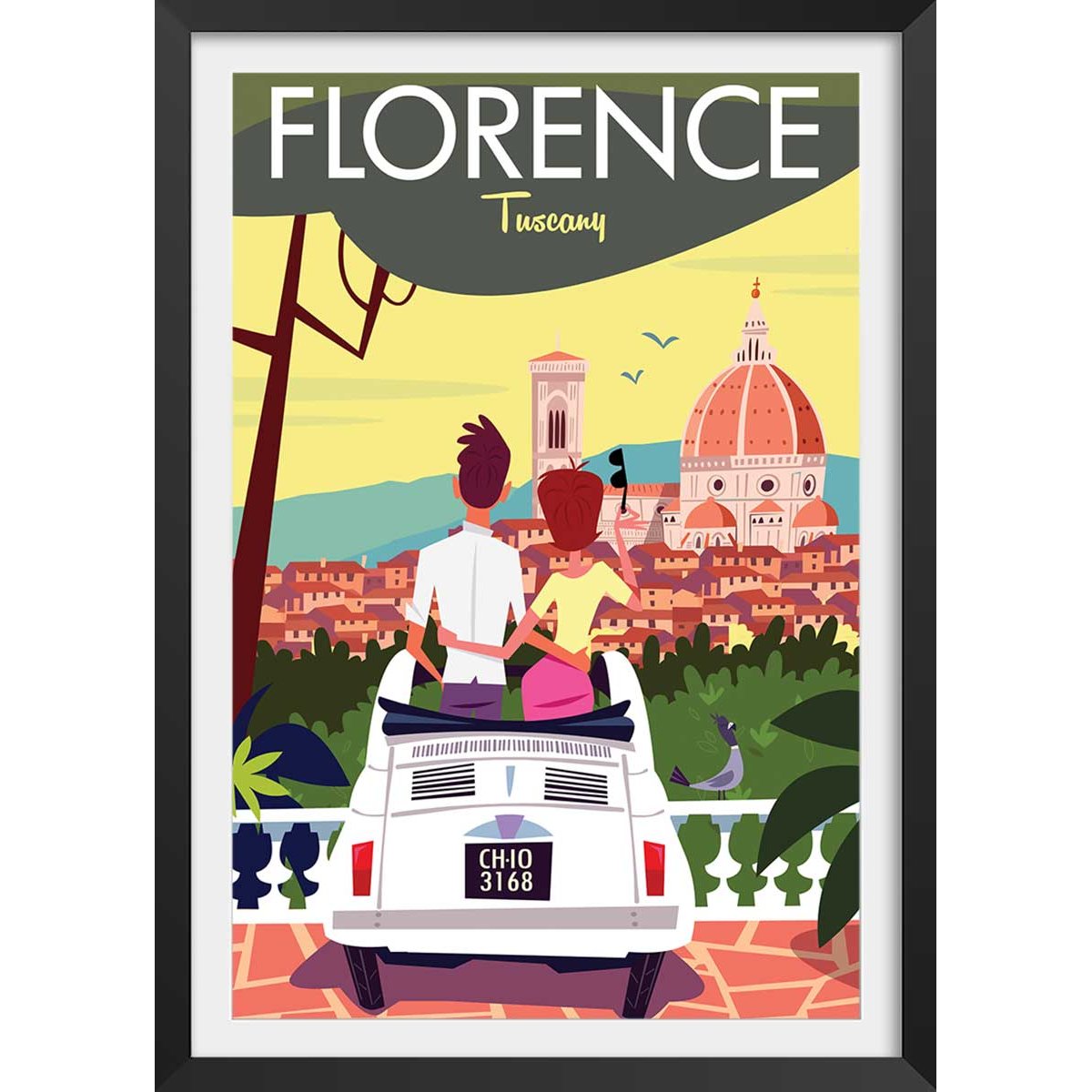 Affiche voyage à florence affiche + cadre en bois - noir, HEXOA