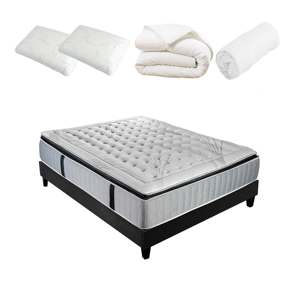 Pack Prêt à dormir Matelas Ressorts ensachés + Sommier + Accessoires PHIGALIE blanc, OLYMPE LITERIE