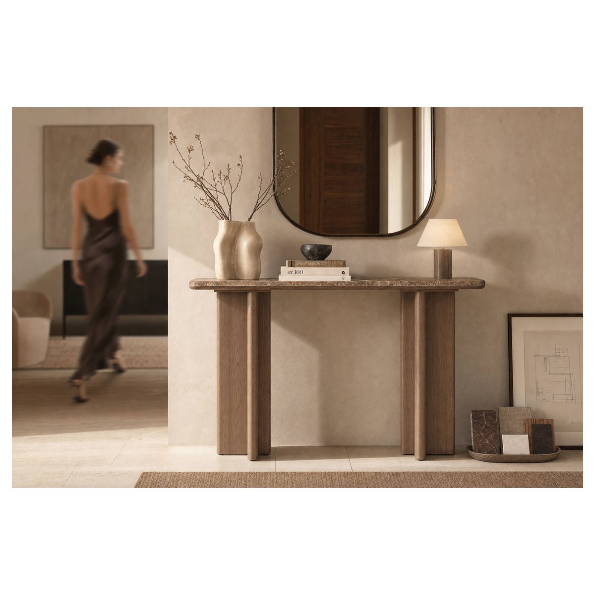 Console plateau en marbre, Style contemporain brun marbré, RECOLLECTION