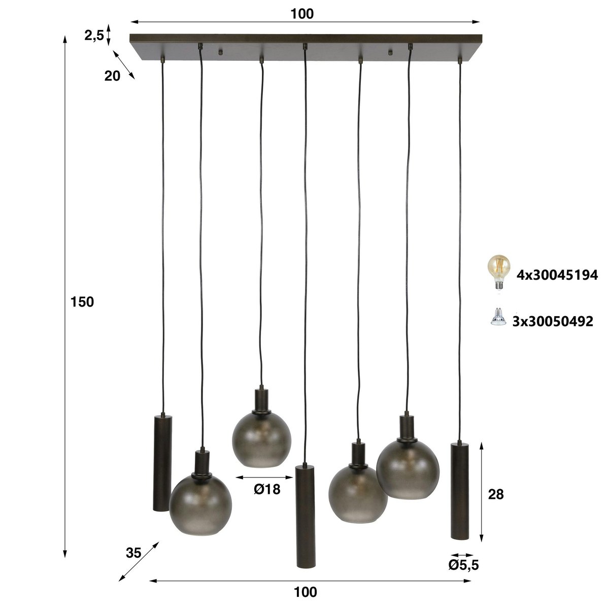 Suspension îlot cuisine verre brun givré métal bronze 7 lampes NOVA marron, PIER IMPORT