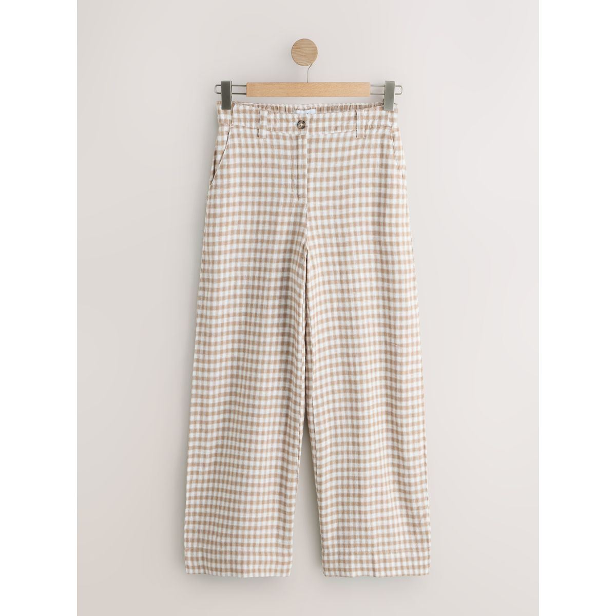 Pantalon large habillé en mélange de lin vichy marron/écru, NEXT