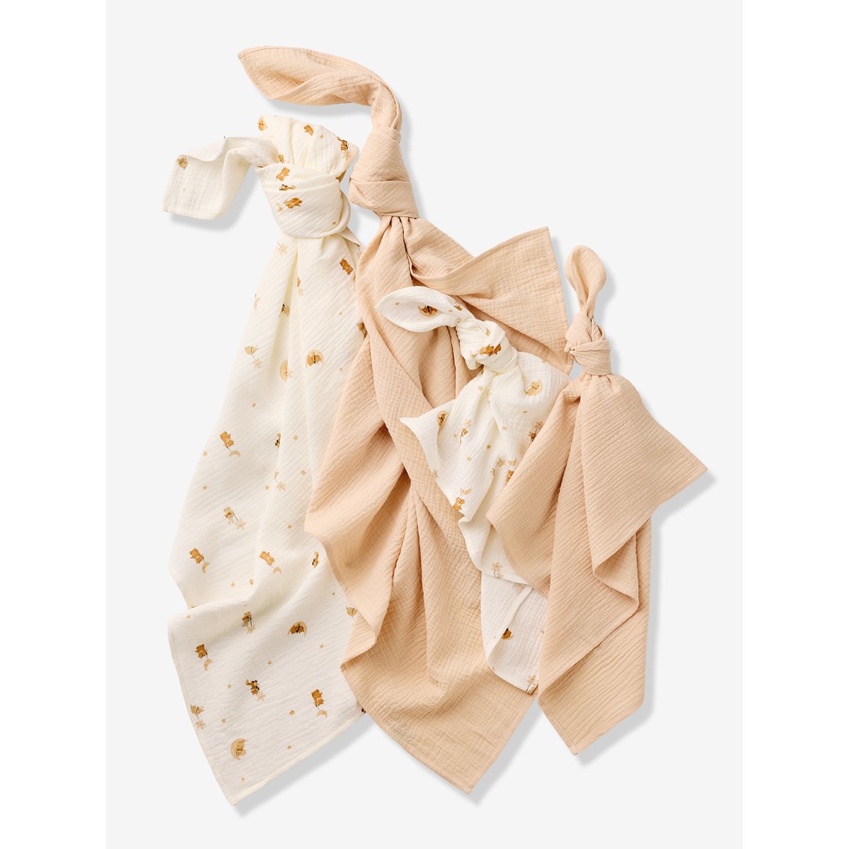Lot 4 langes en gaze de coton blanc imprimé, VERTBAUDET