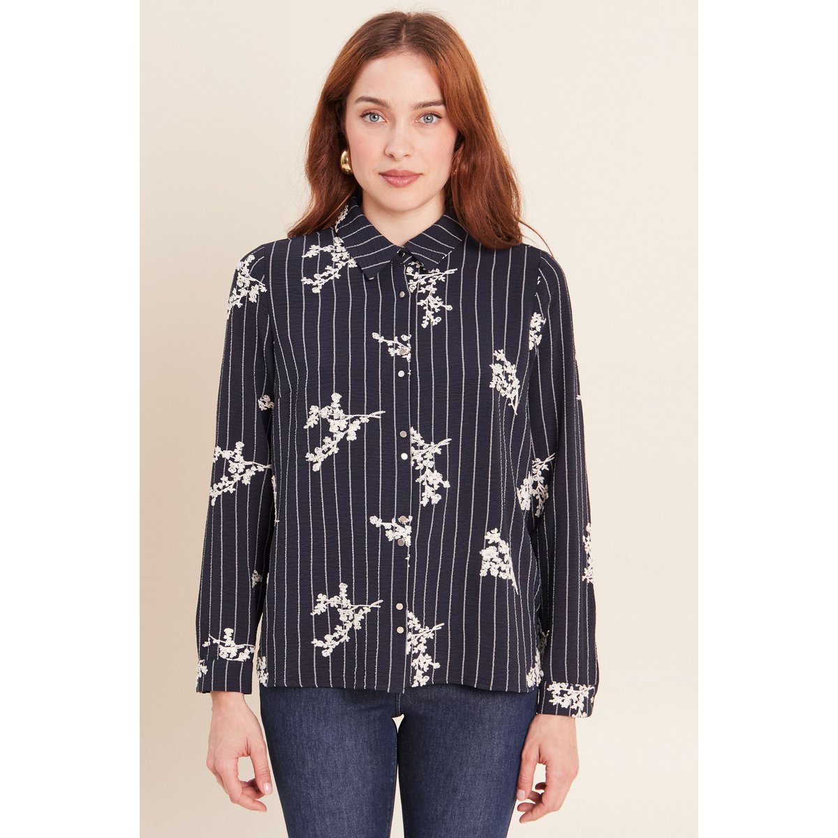 Chemisier droit manches longues fluide bleu marine, BREAL
