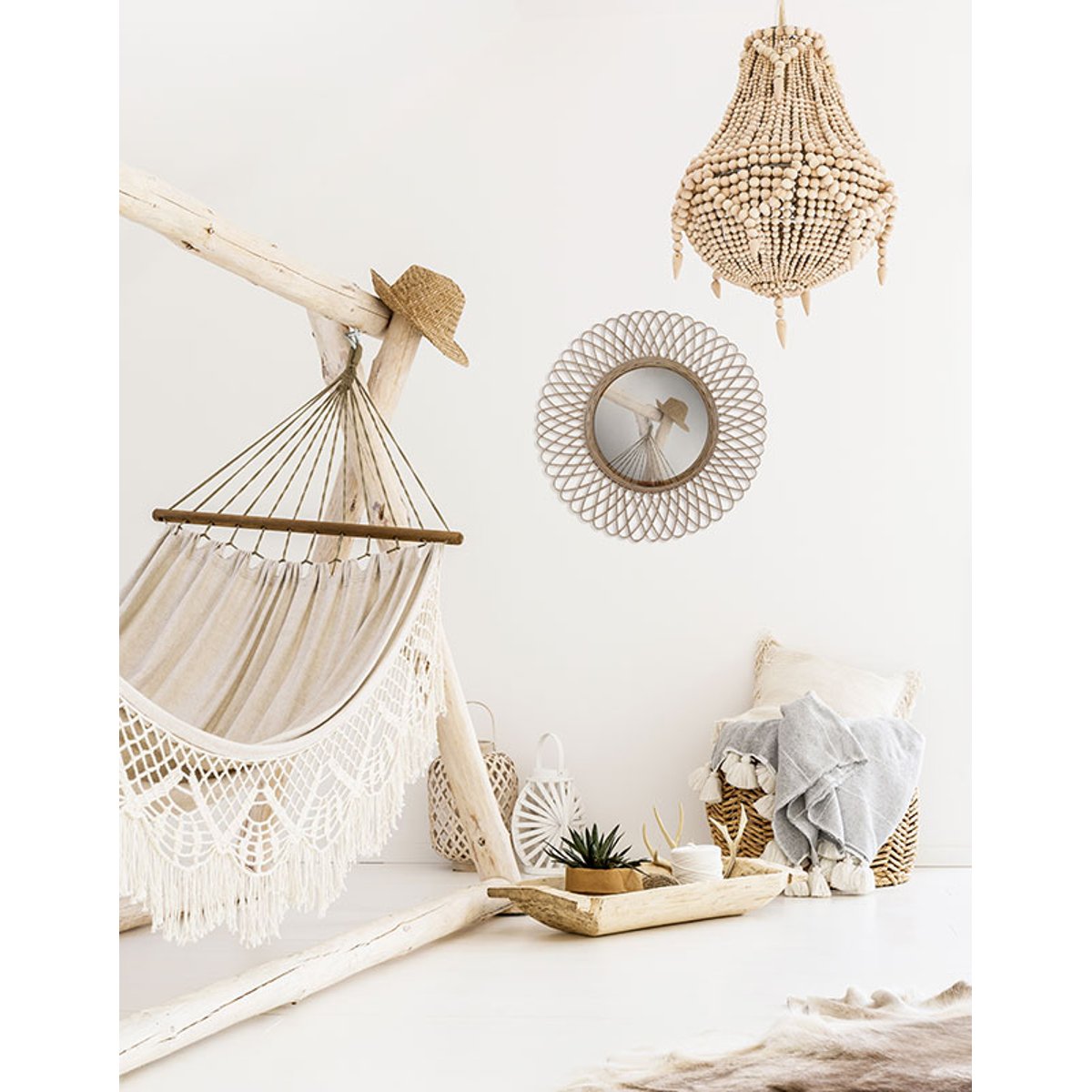Miroir rond en rotin naturel 58cm beige, EMDE