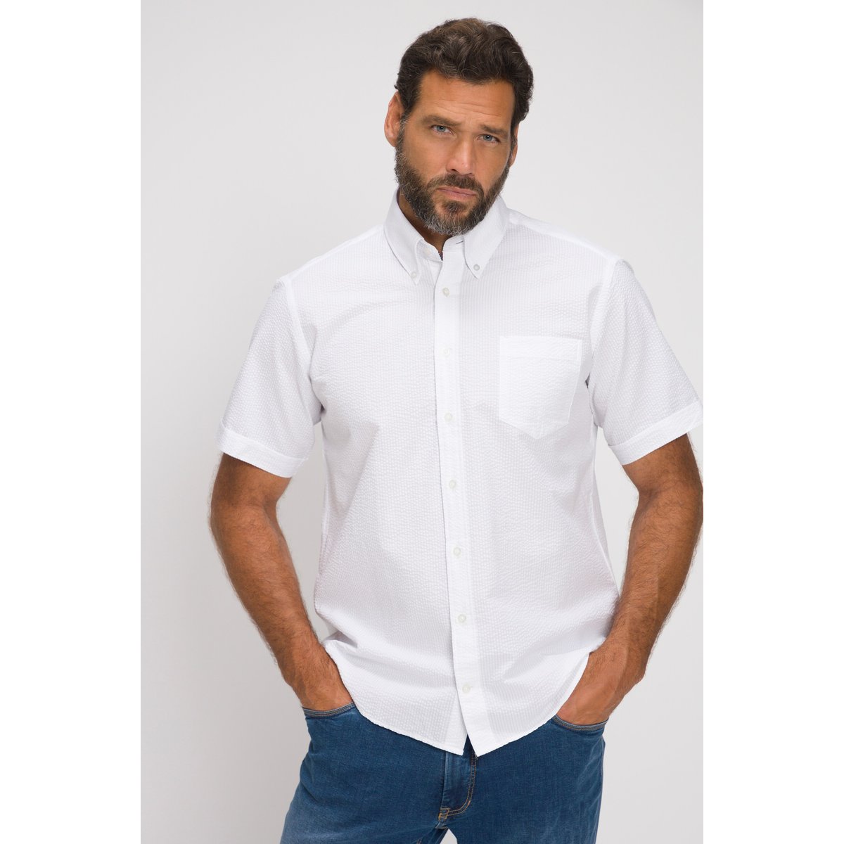 Chemise en seersucker à rayures. Manches blanc neige, JP1880
