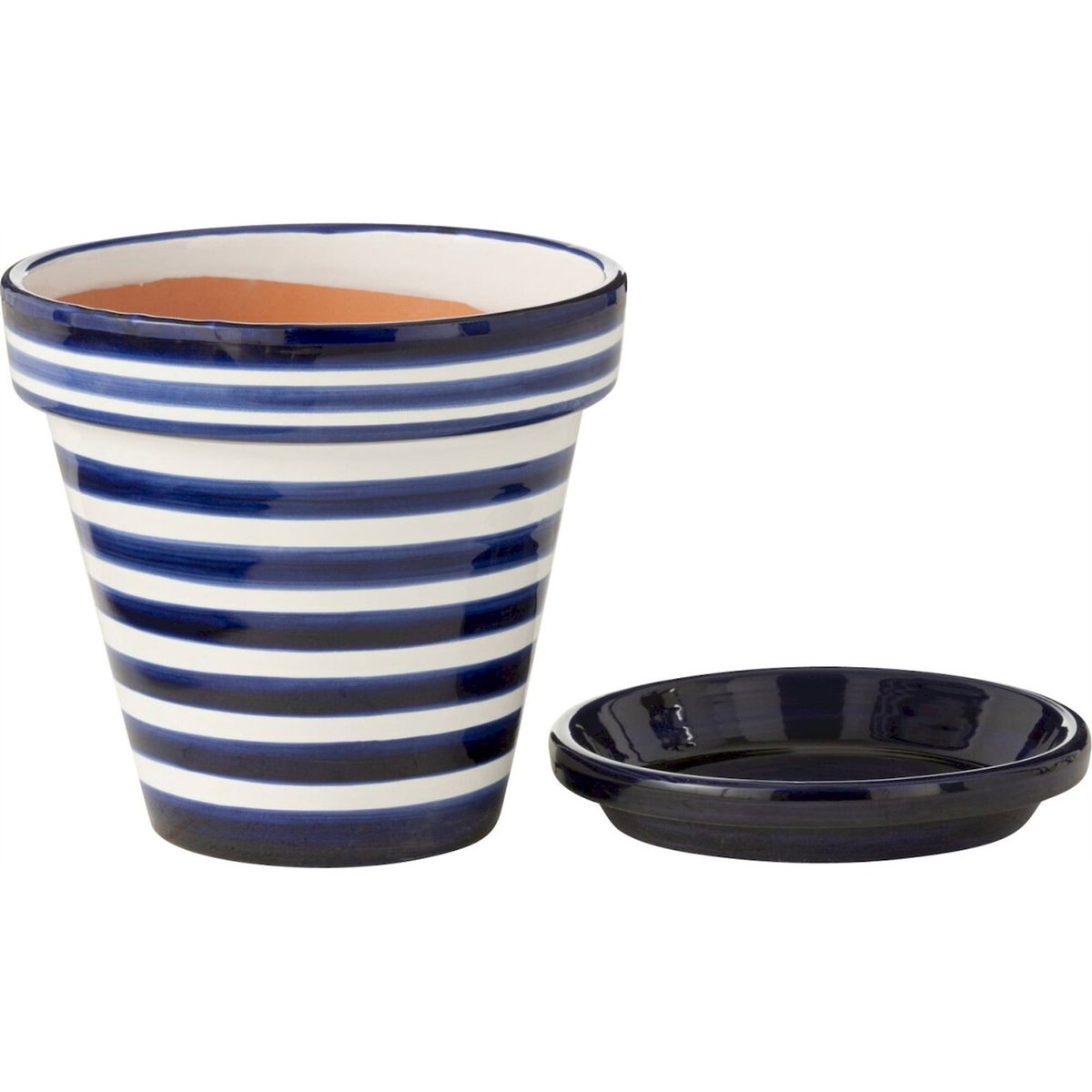 Cache-pot en poterie rayée, Fait main bleu cobalt et blanc, RECOLLECTION
