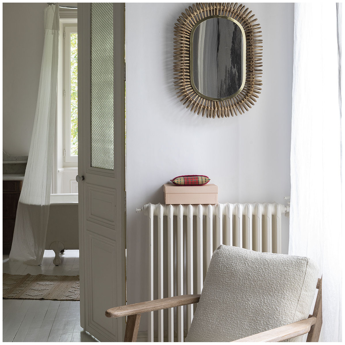 Miroir ovale en rotin et métal naturel, BLANC D’IVOIRE