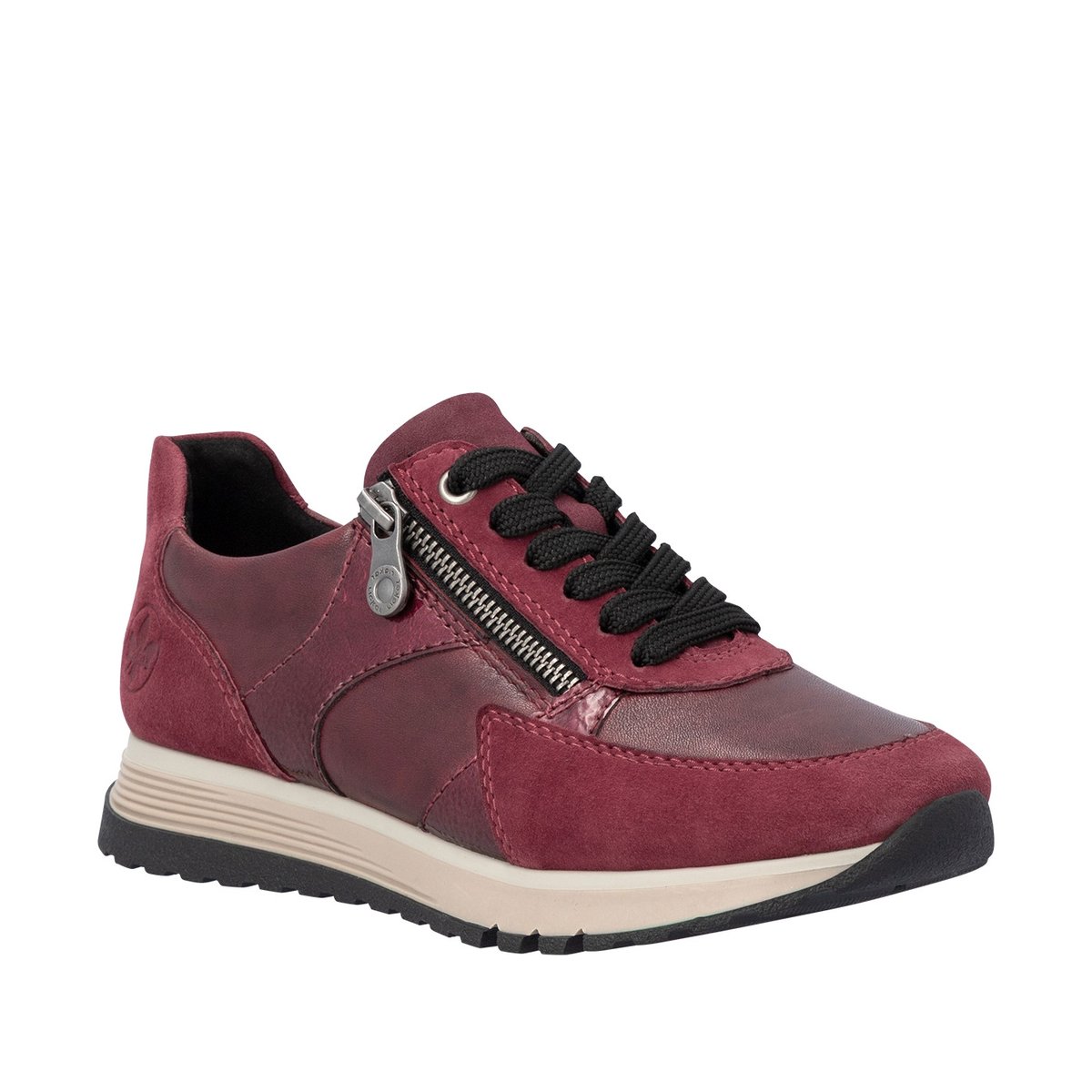 Baskets running en cuir bordeaux à talon plat avec lacets et zip latéral rouge foncé, RIEKER