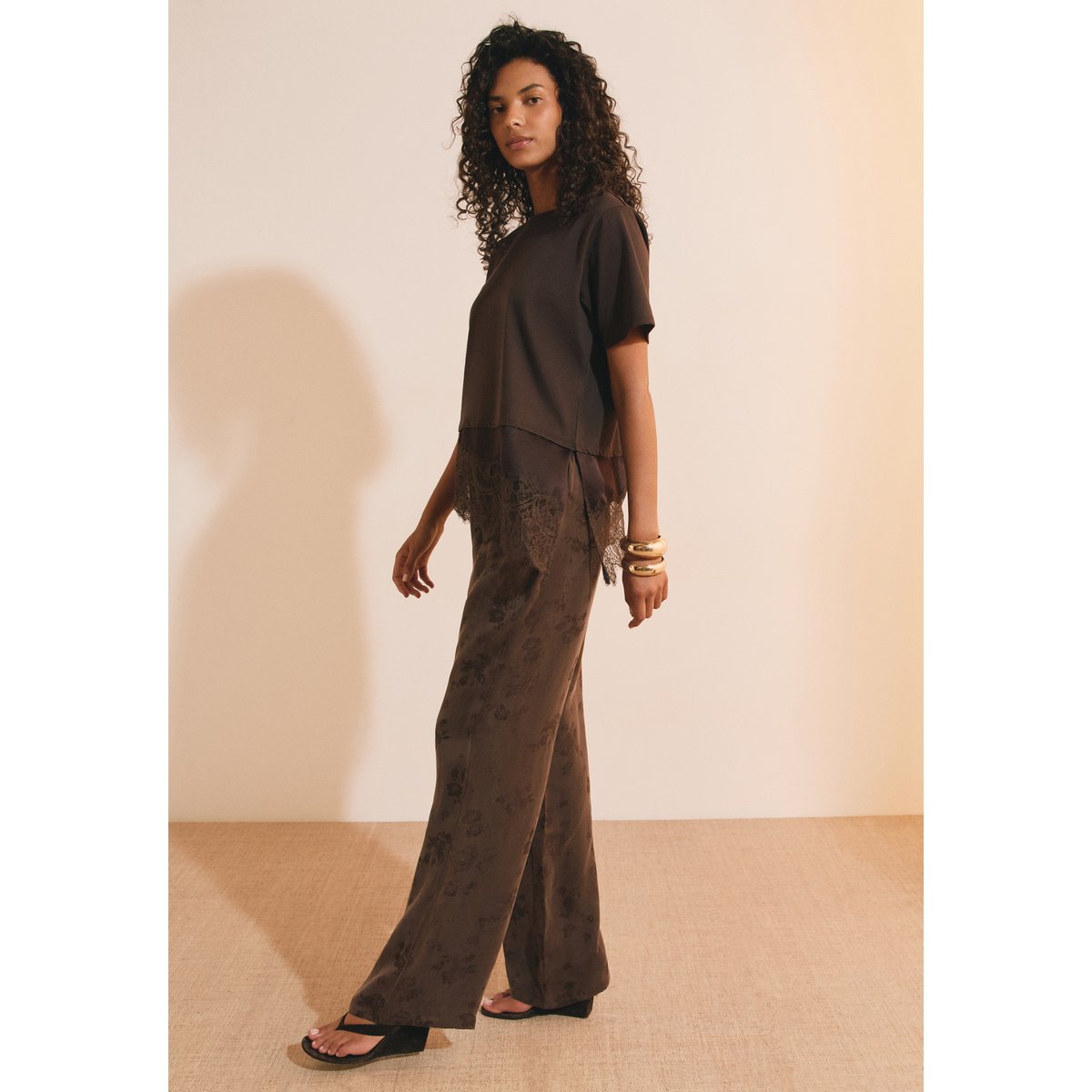 Pantalon fluide à motifs avec taille élastiquée HINI chocolat, ETAM