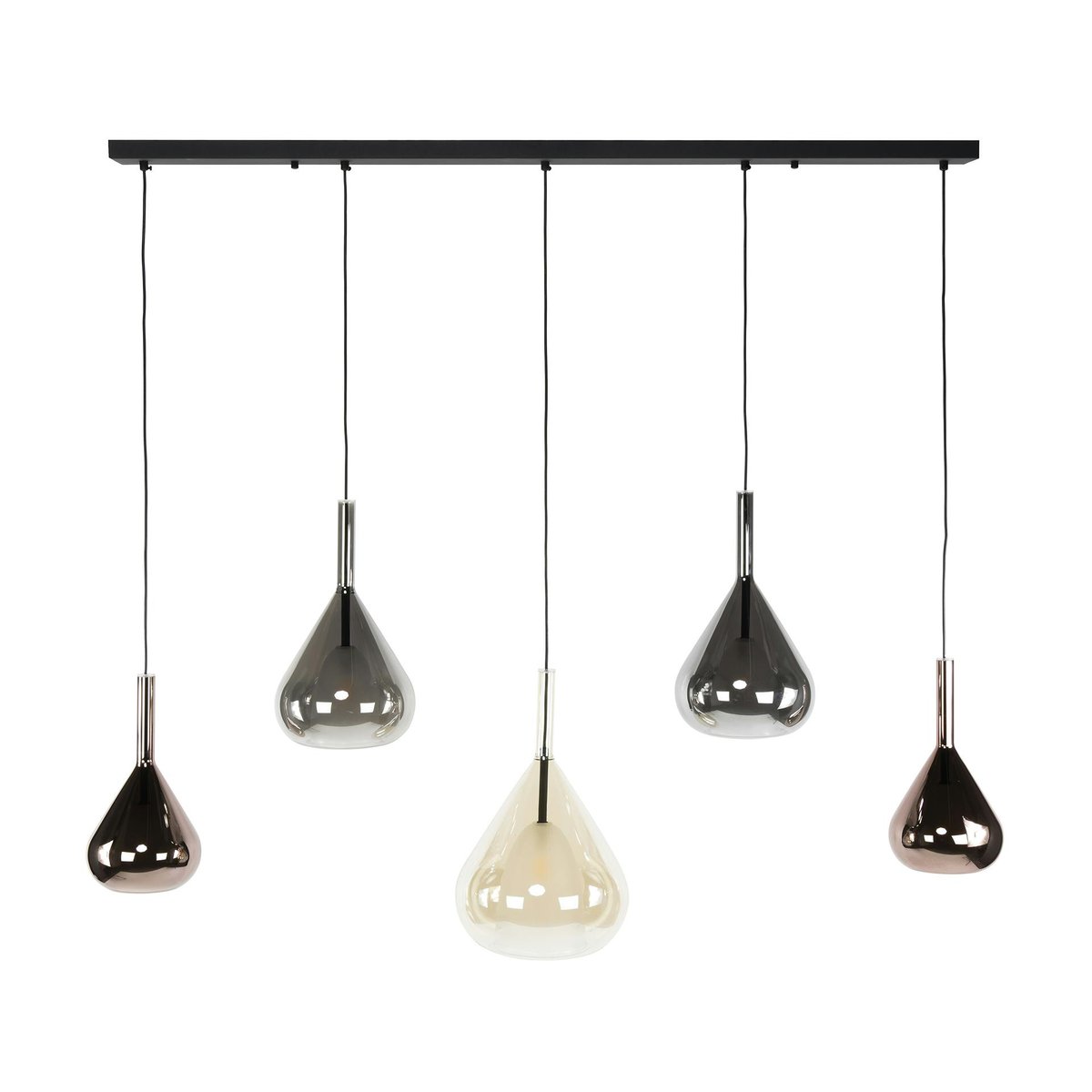 Suspension design verre 3 couleurs, 5 abat-jour goutte NIAGARA chrome, PIER IMPORT