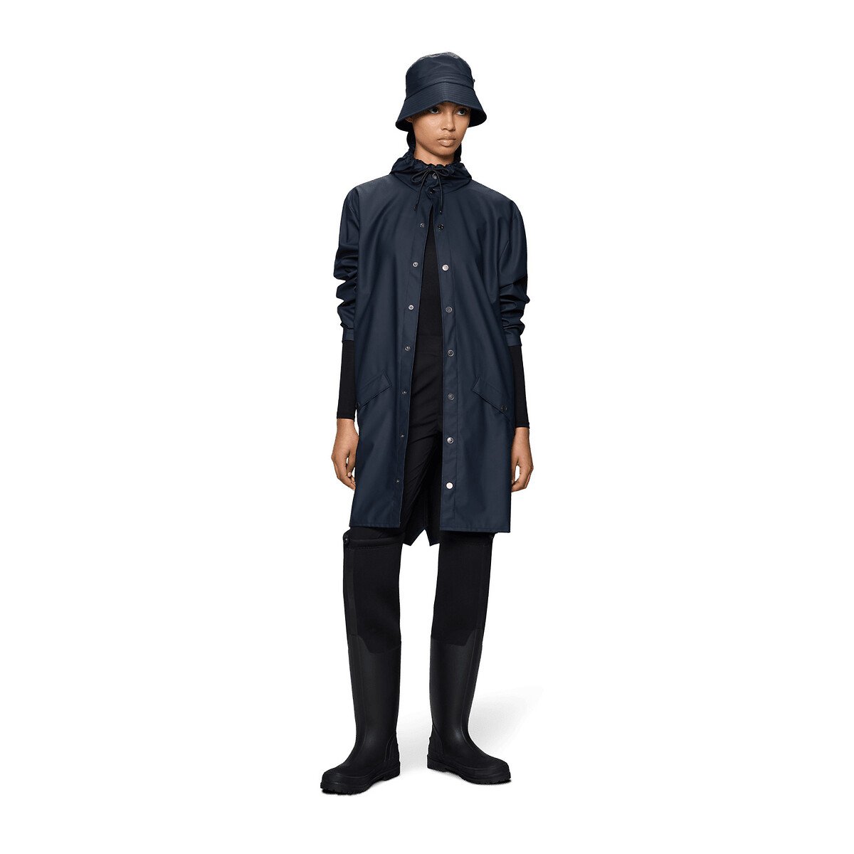 Veste zippée imperméable à capuche unisexe bleu marine, RAINS