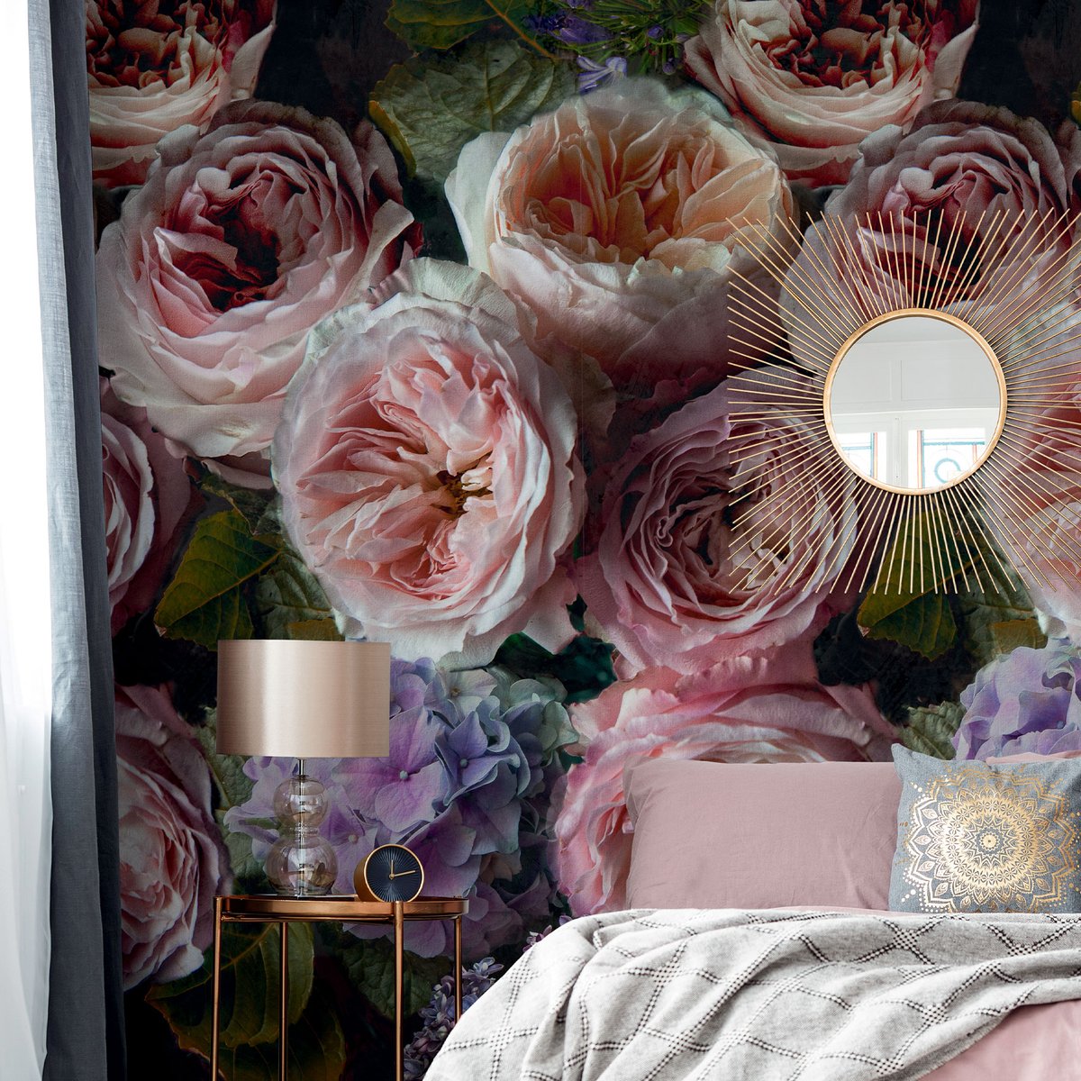 Papier peint pivoines et hortensias rose, HEXOA