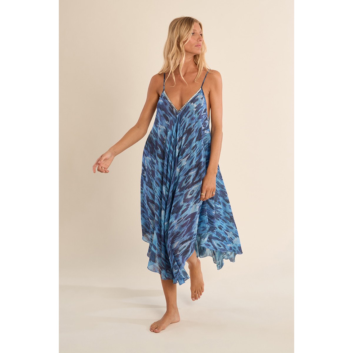 Longue robe fluide en coton, imprimée blue indigo, MOLLY BRACKEN