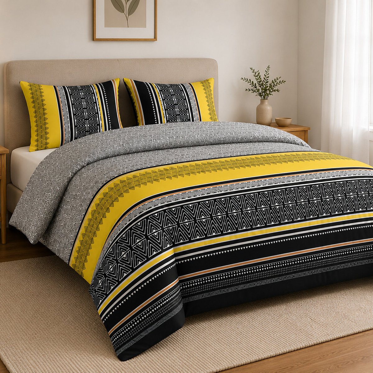 Parure housse de couette imprimée + taie(s) en coton, Formas Yellow gris, C DESIGN HOME TEXTILE