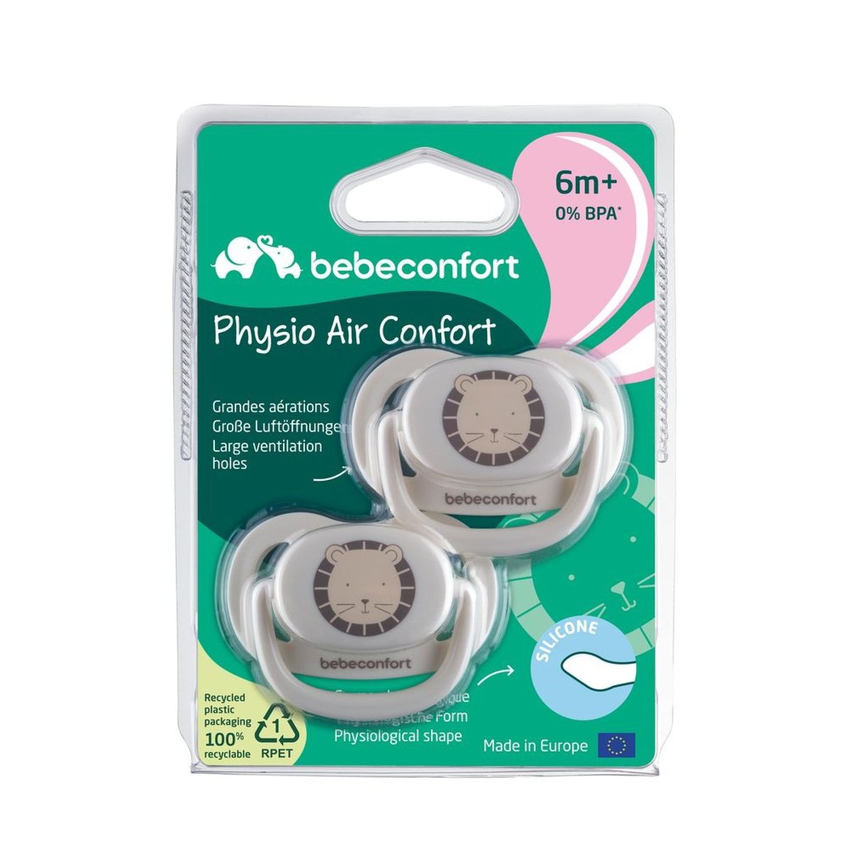 Lot de 2 sucettes physiologiques silicone Air Confort 6-18 mois Sand couleur unique, BEBECONFORT