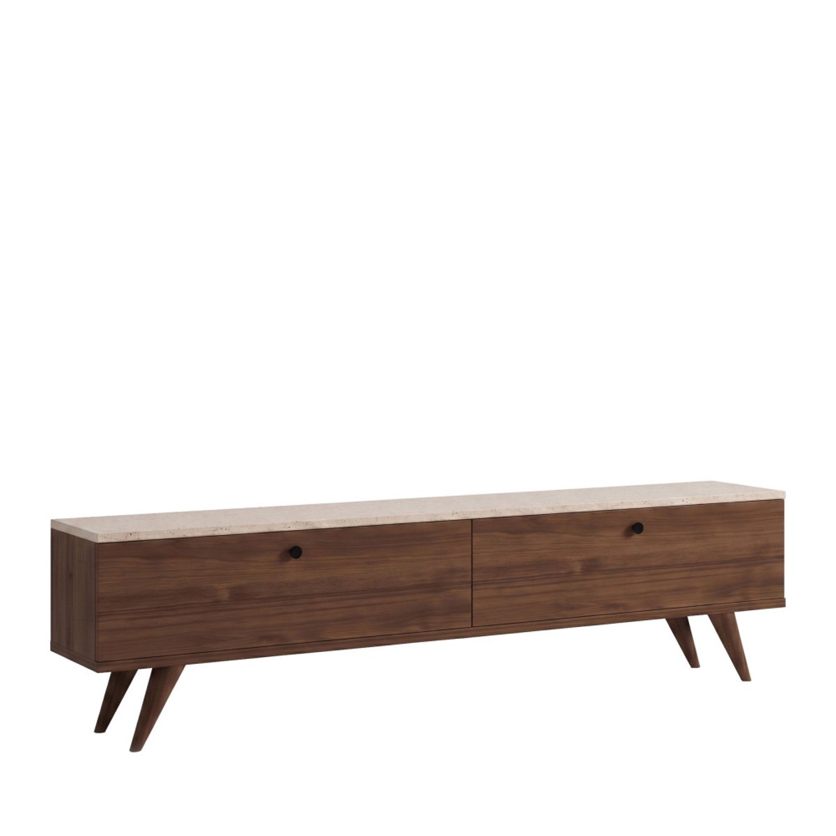 Meuble TV 2 portes plateau effet travertin et bois L160cm- YARA bois foncé, DRAWER