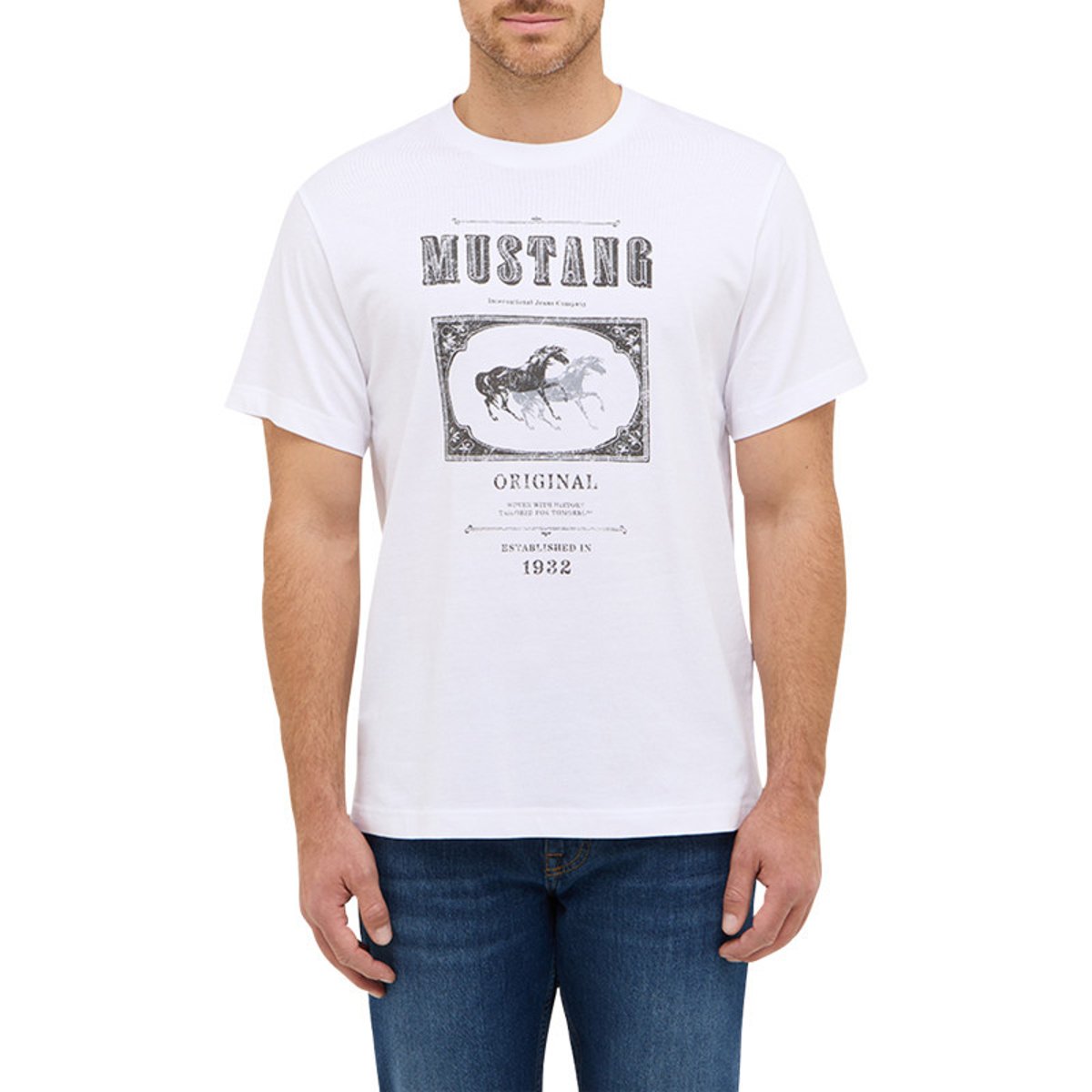 T-shirt en coton blanc avec un motif fantaisie à l'avant et un col rond blanc, MUSTANG