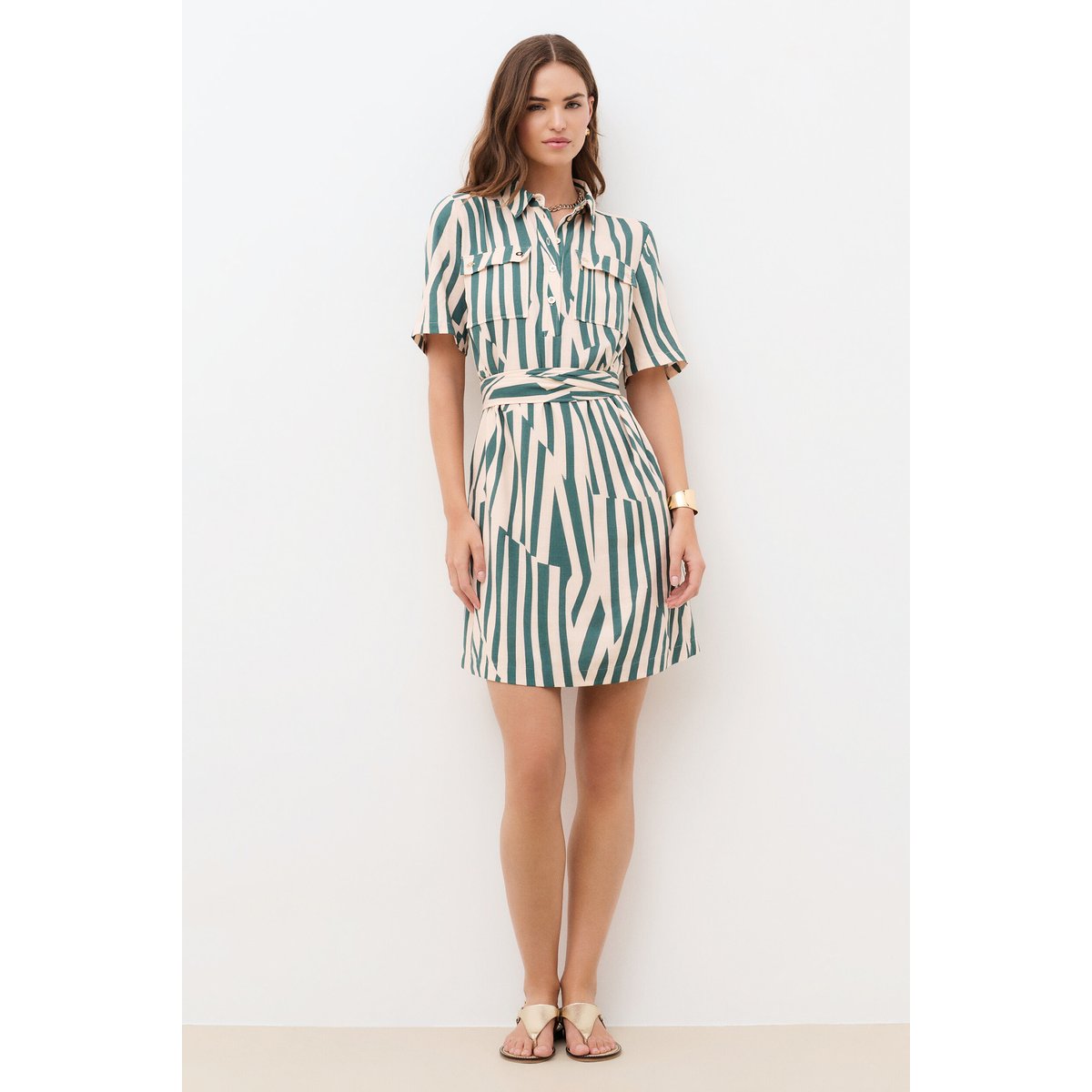Robe droite col chemise RLEONA vert turquoise, CAROLL