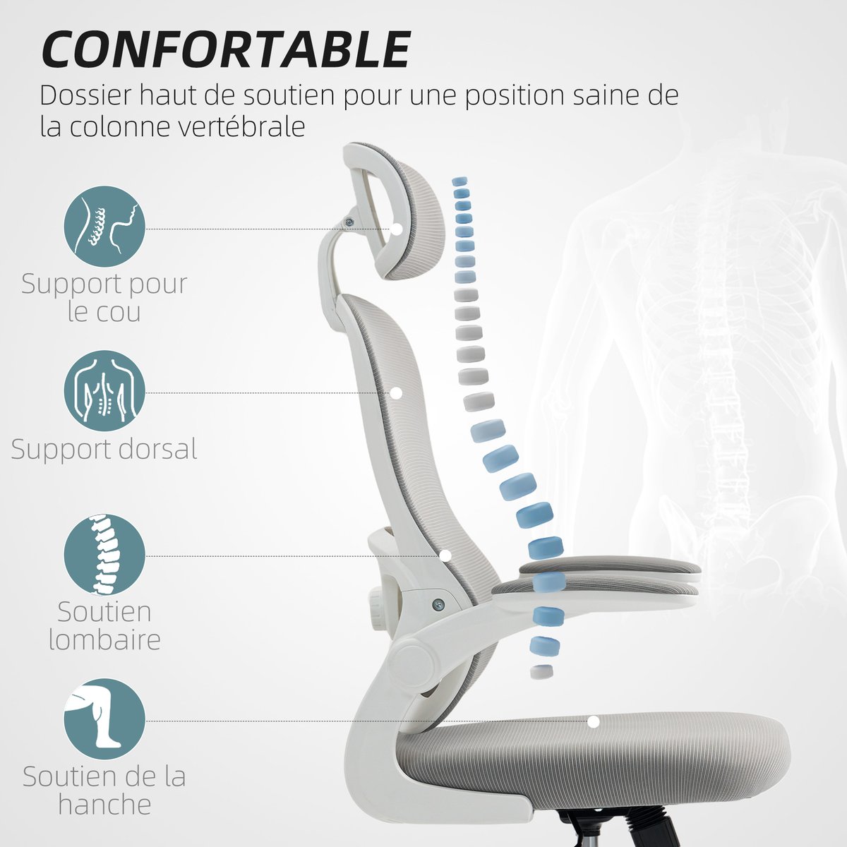 Chaise de bureau Maille (100 % polyester) gris, blanc, HOMCOM