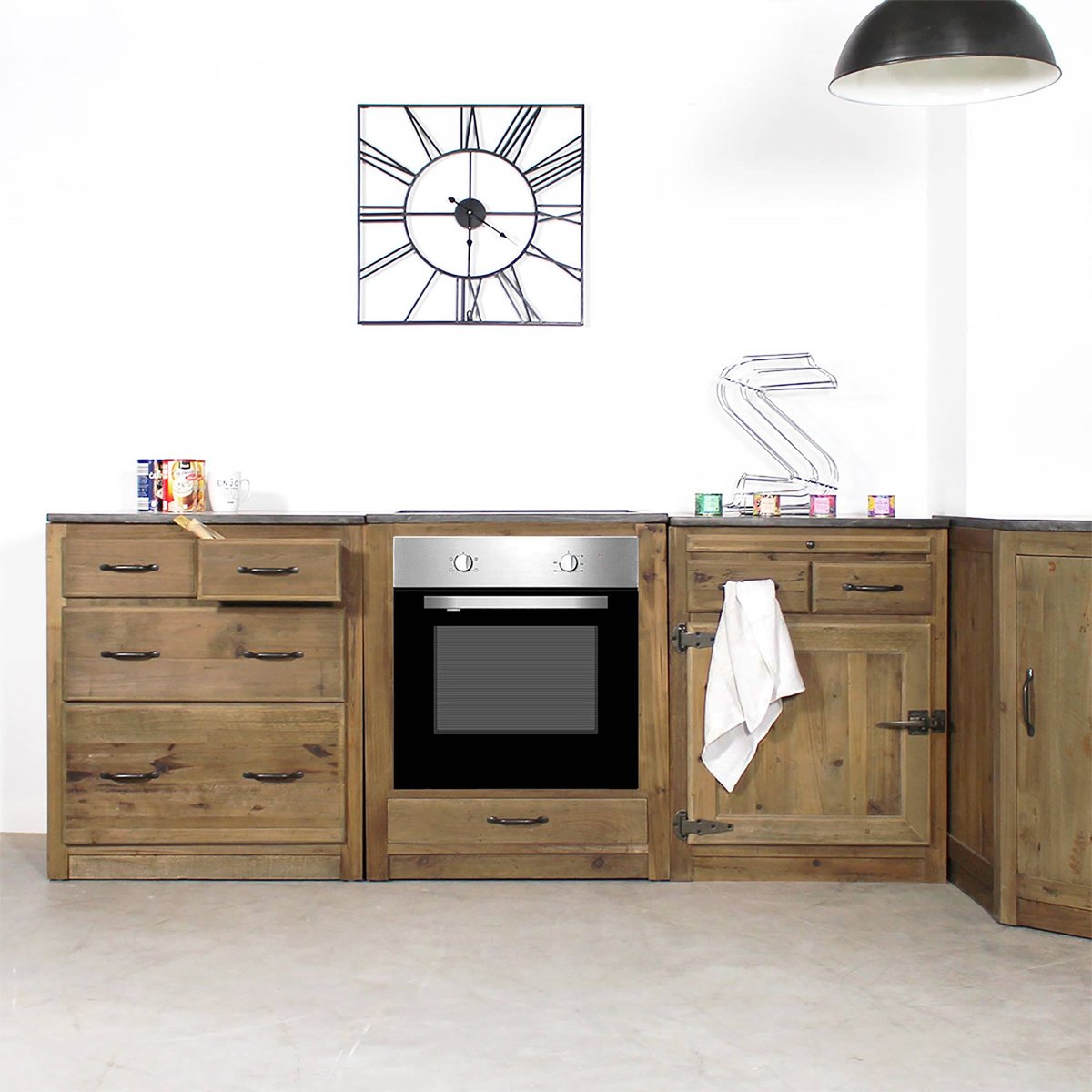 Meuble bas de cuisine en bois recyclé et pierre bleue CHAMPÊTRE bois clair, MADE IN MEUBLES