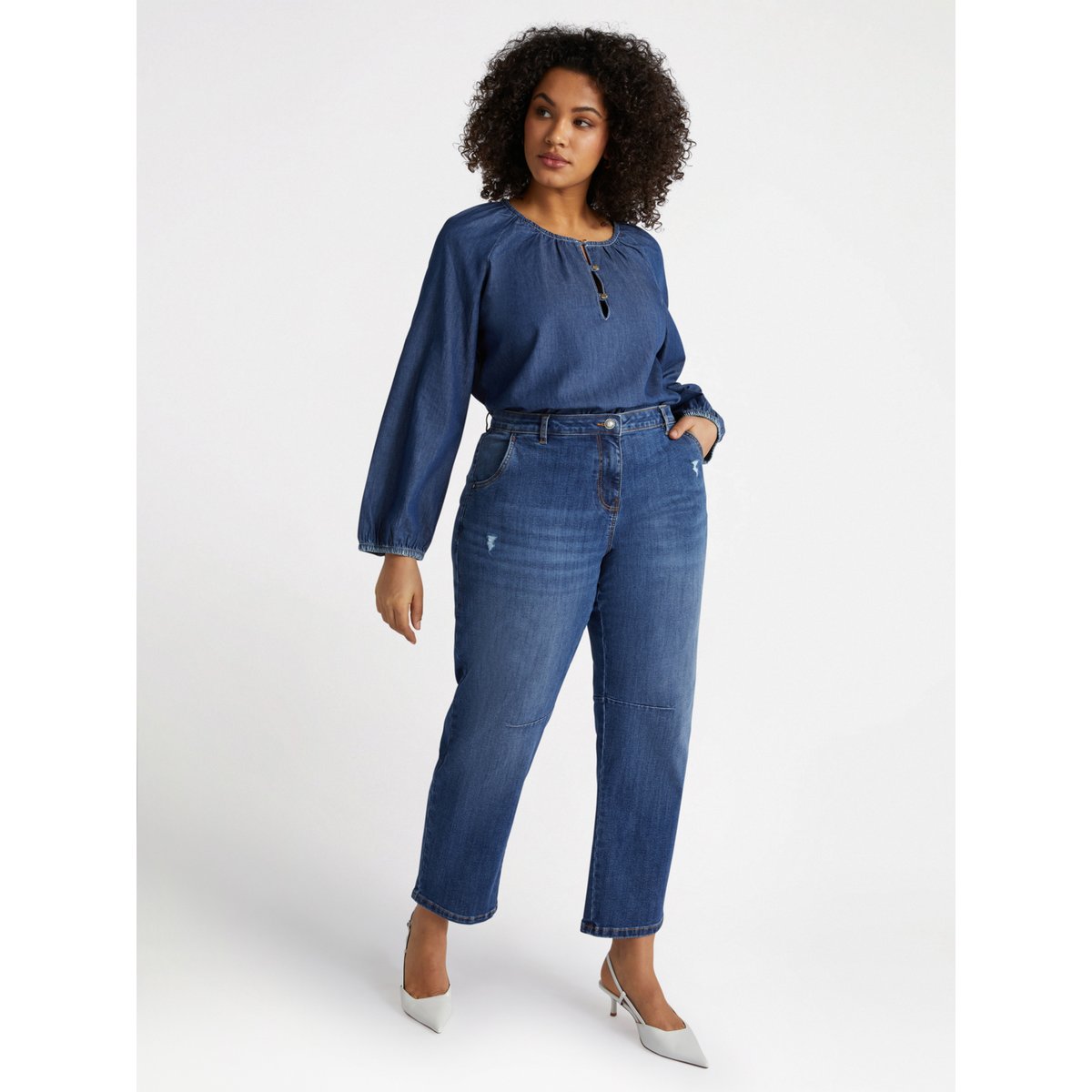 Jean coupe mom avec déchirures bleu, FIORELLA RUBINO