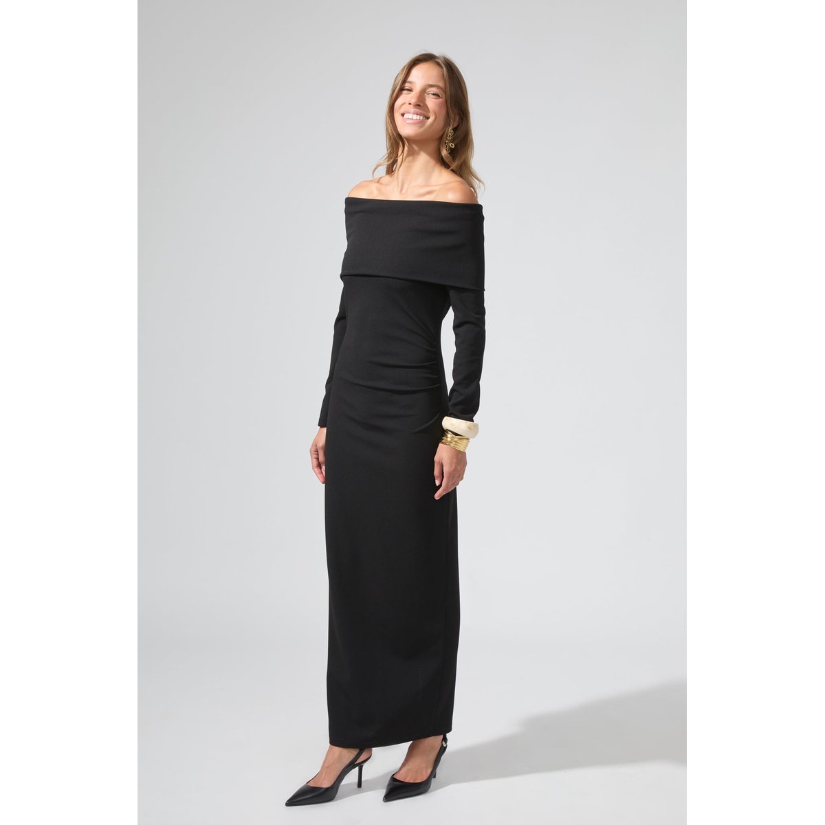 Robe longue encolure bardot ELIZABETH noir, BENOA
