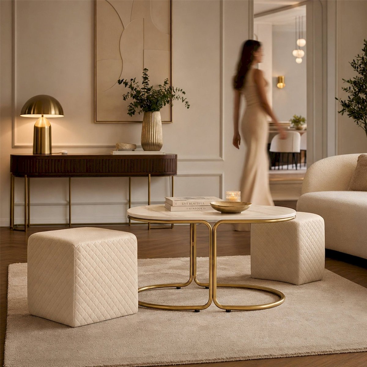 Table basse effet marbre avec 2 poufs MODERN blanc et doré, RECOLLECTION