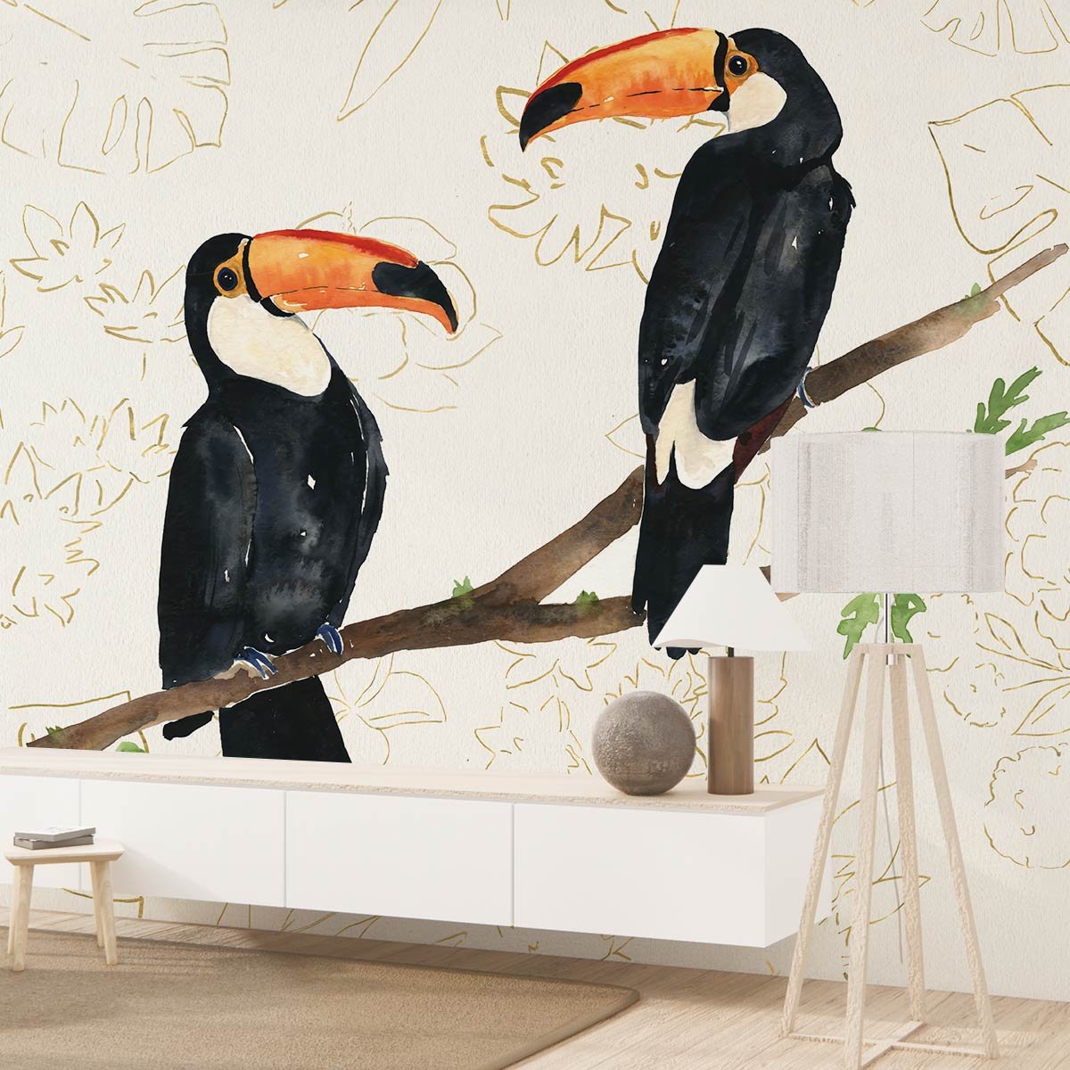 Papier peint exotique peinture murale deux toucans intissé, HEXOA