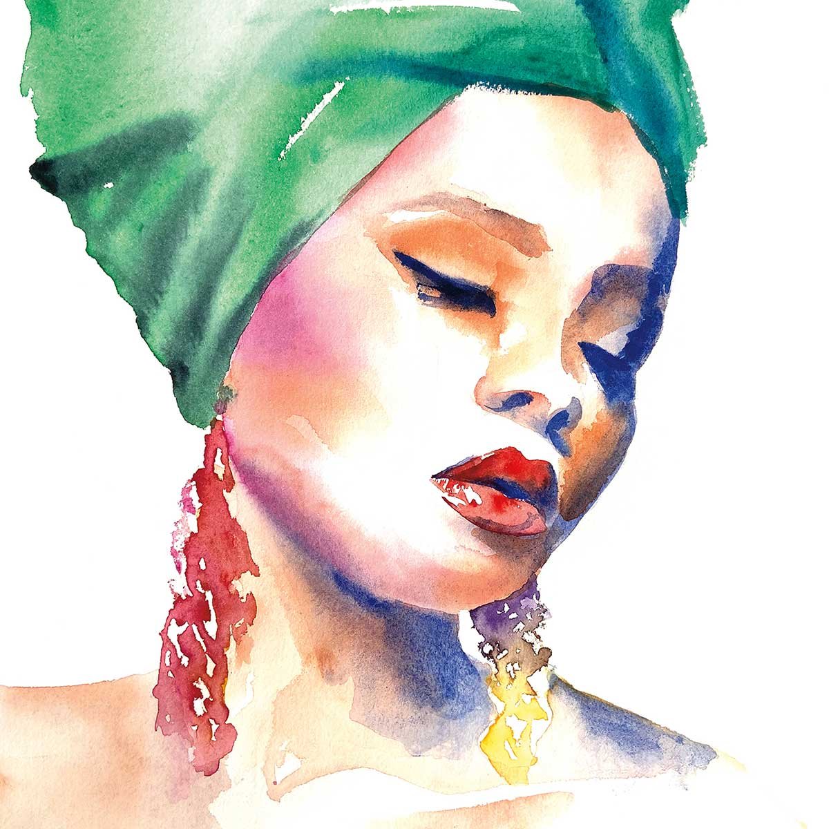 Affiche mode Portrait turban vert affiche + cadre en bois - noir, HEXOA