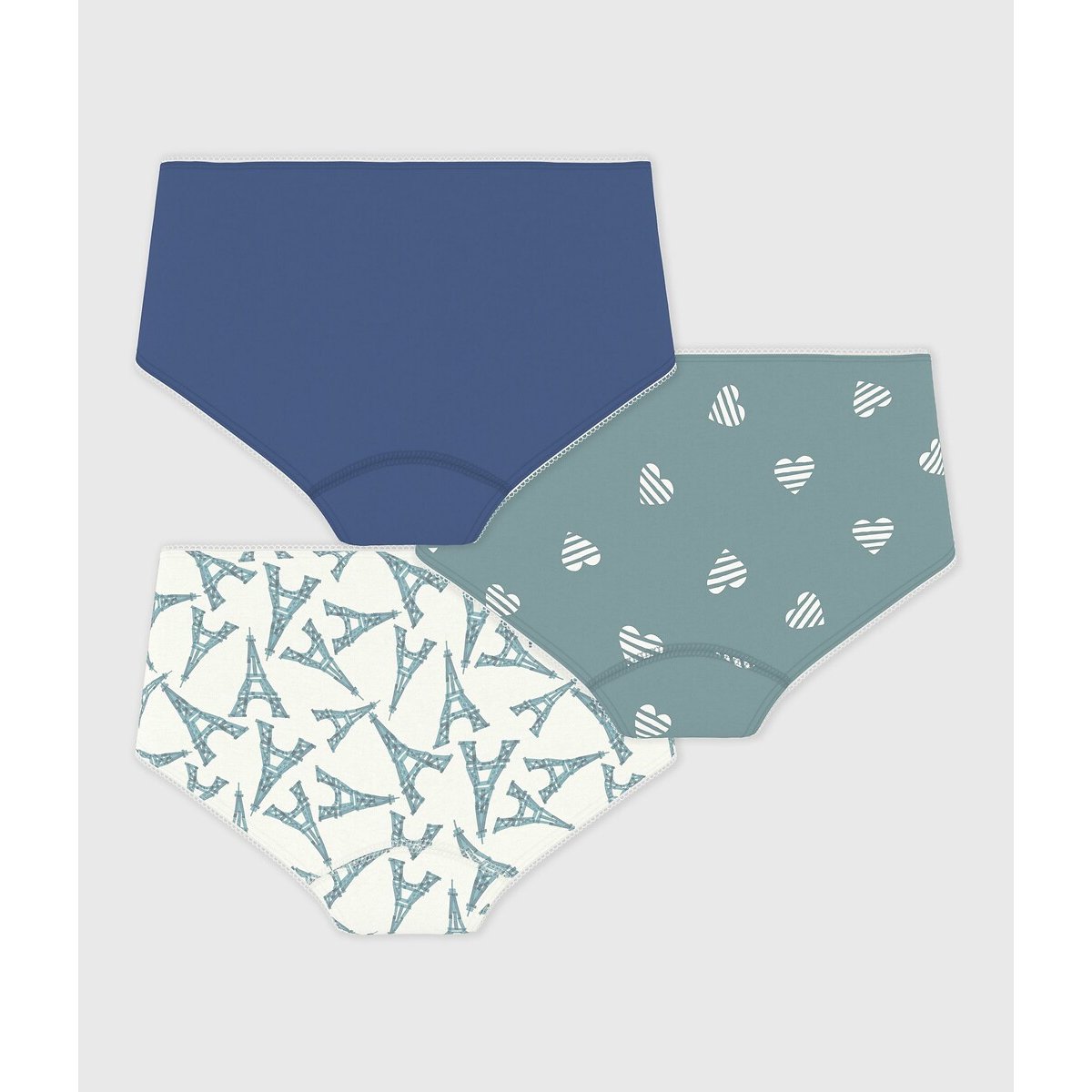 Lot de 3 shorties, en coton imprimé blanc + bleu + vert, PETIT BATEAU