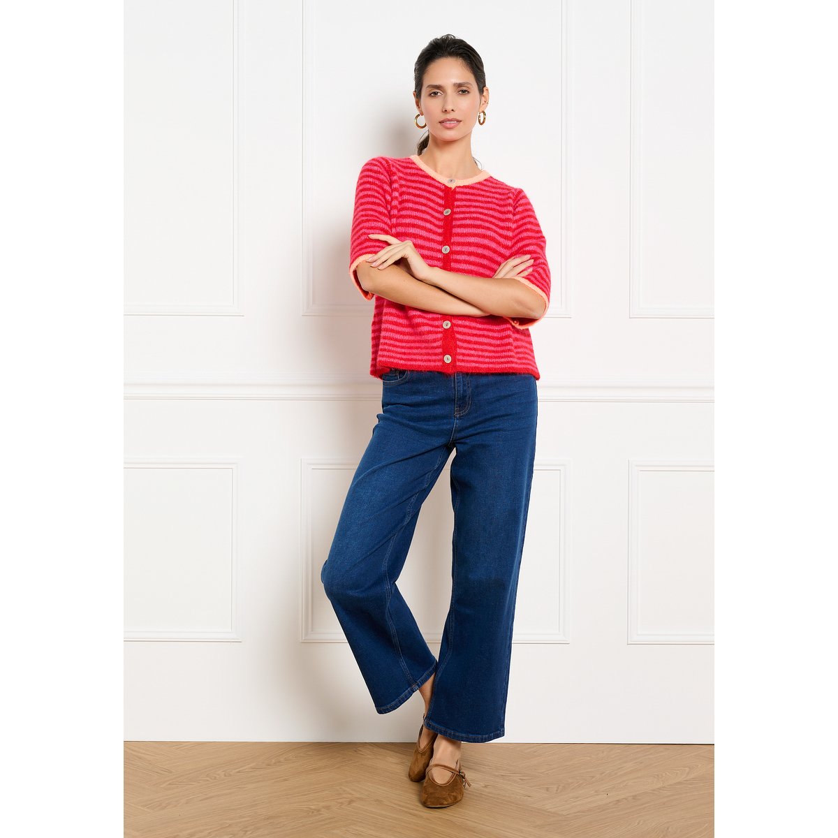 Cardigan rayé à manches courtes rouge, LOLALIZA