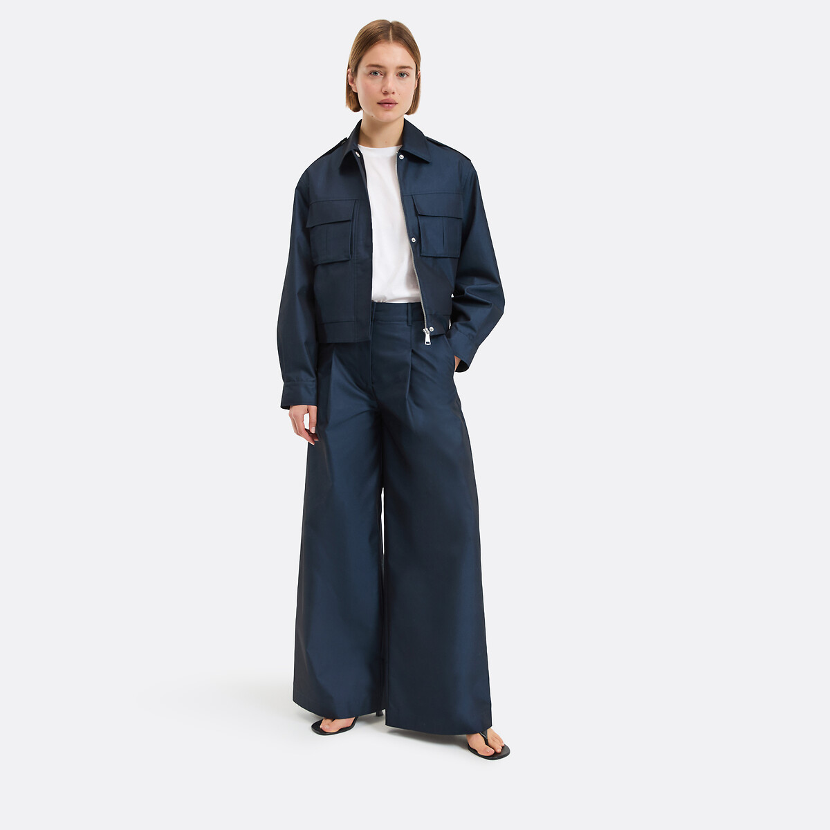 Cotton Blend Wide Leg Pleated Trousers navy blue, LA REDOUTE COLLECTIONS