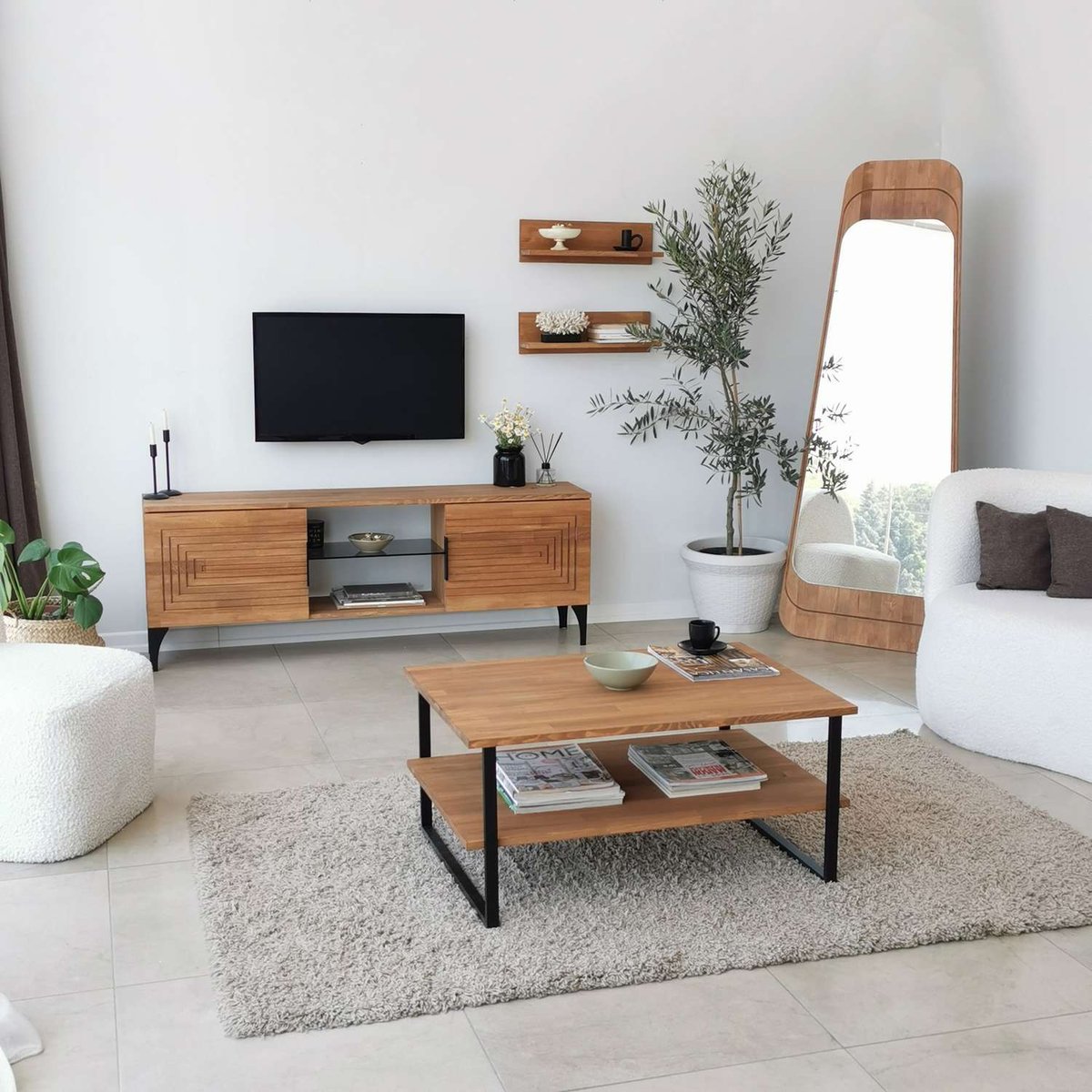 Table basse 1 étagère de rangement en bois massif et métal AURALIS beige, TOILINUX
