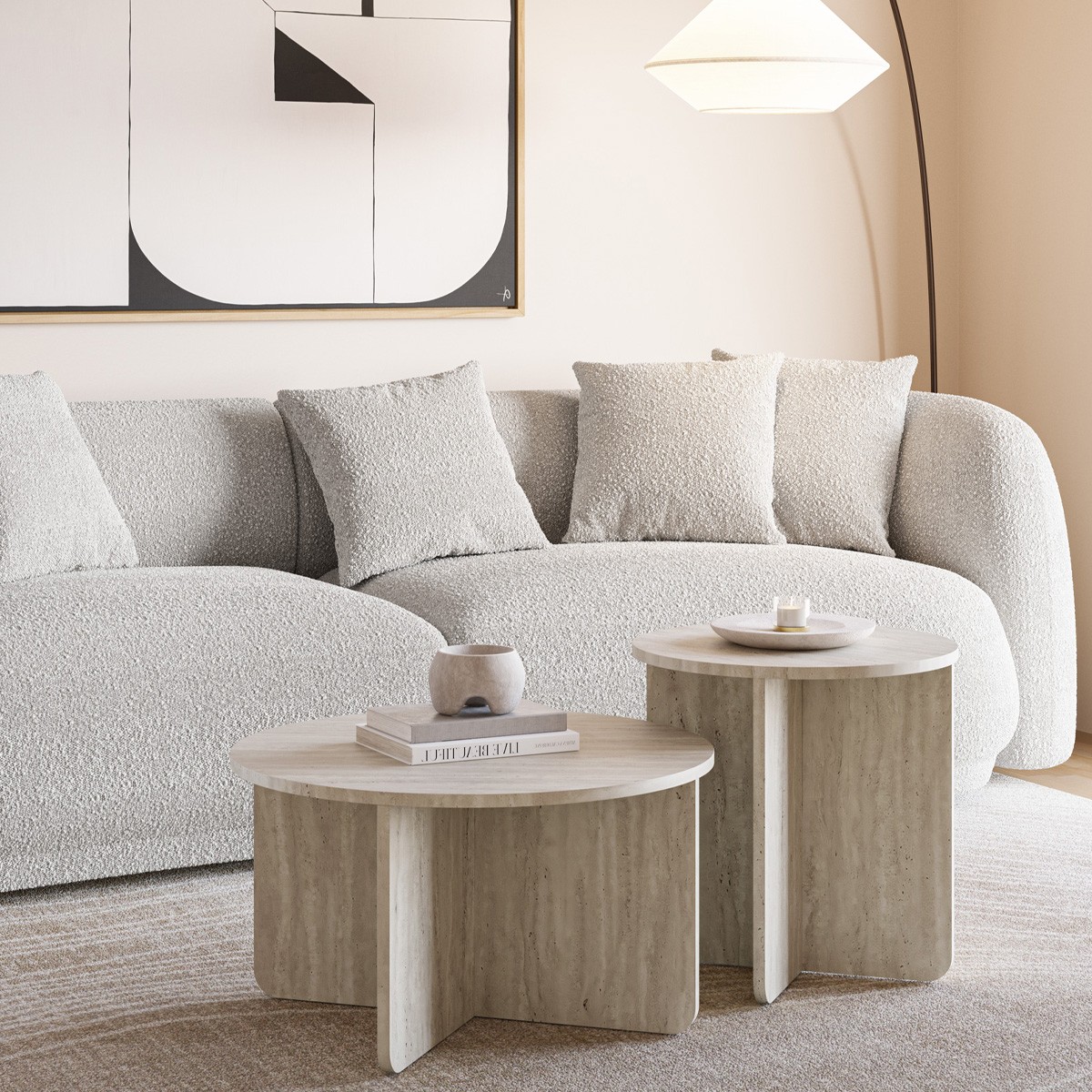 Set de 2 tables basses rondes décor travertin - MINA travertin, HOMIFAB