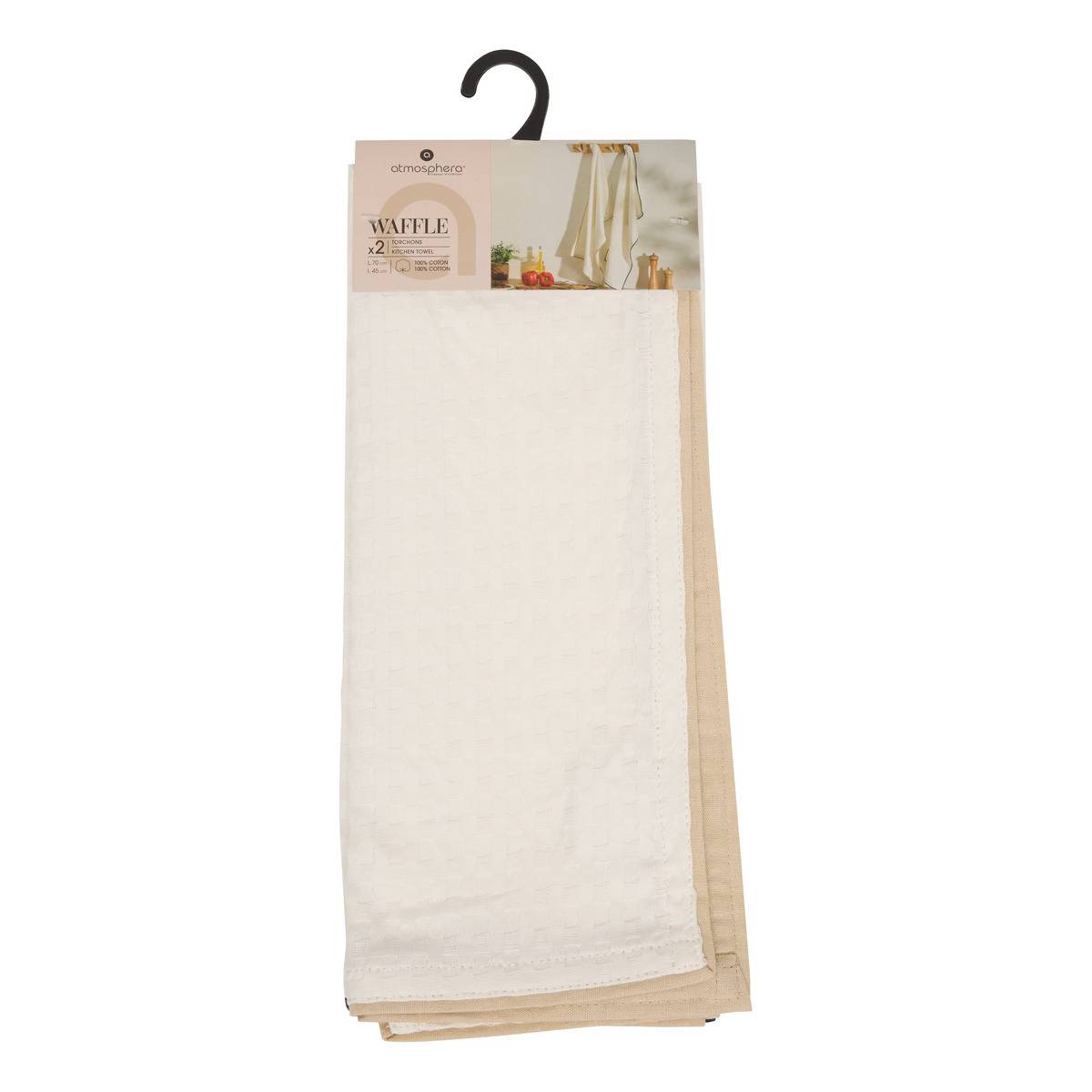 Lot de 2 torchons en coton WAFFLE blanc, ATMOSPHERA