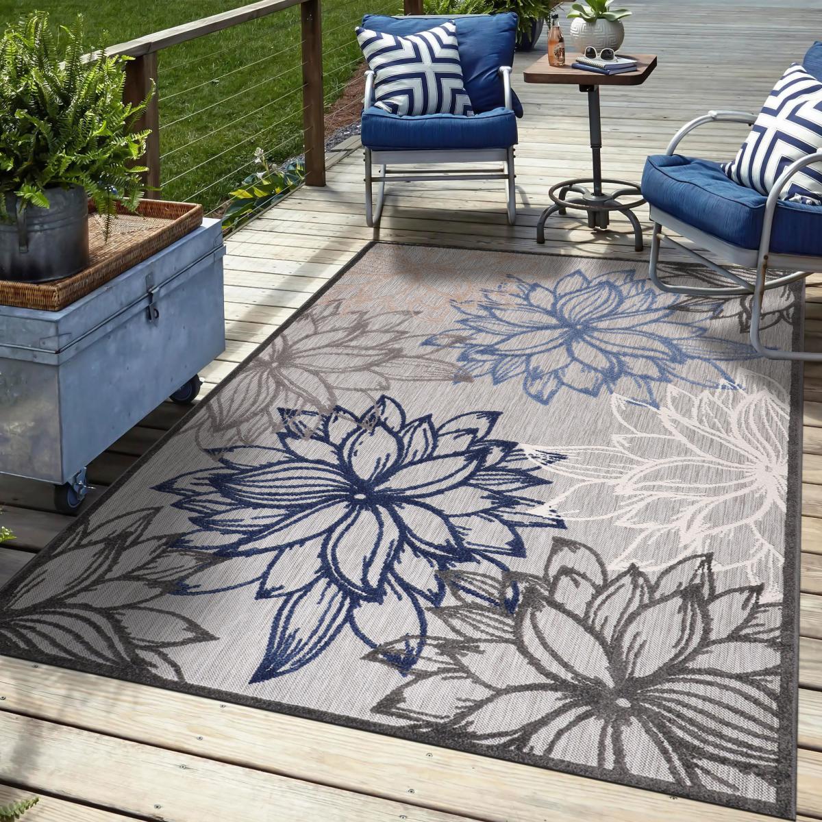 Tapis extérieur tissé kilim rectangle CHIMEKO gris, bleu, UN AMOUR DE TAPIS