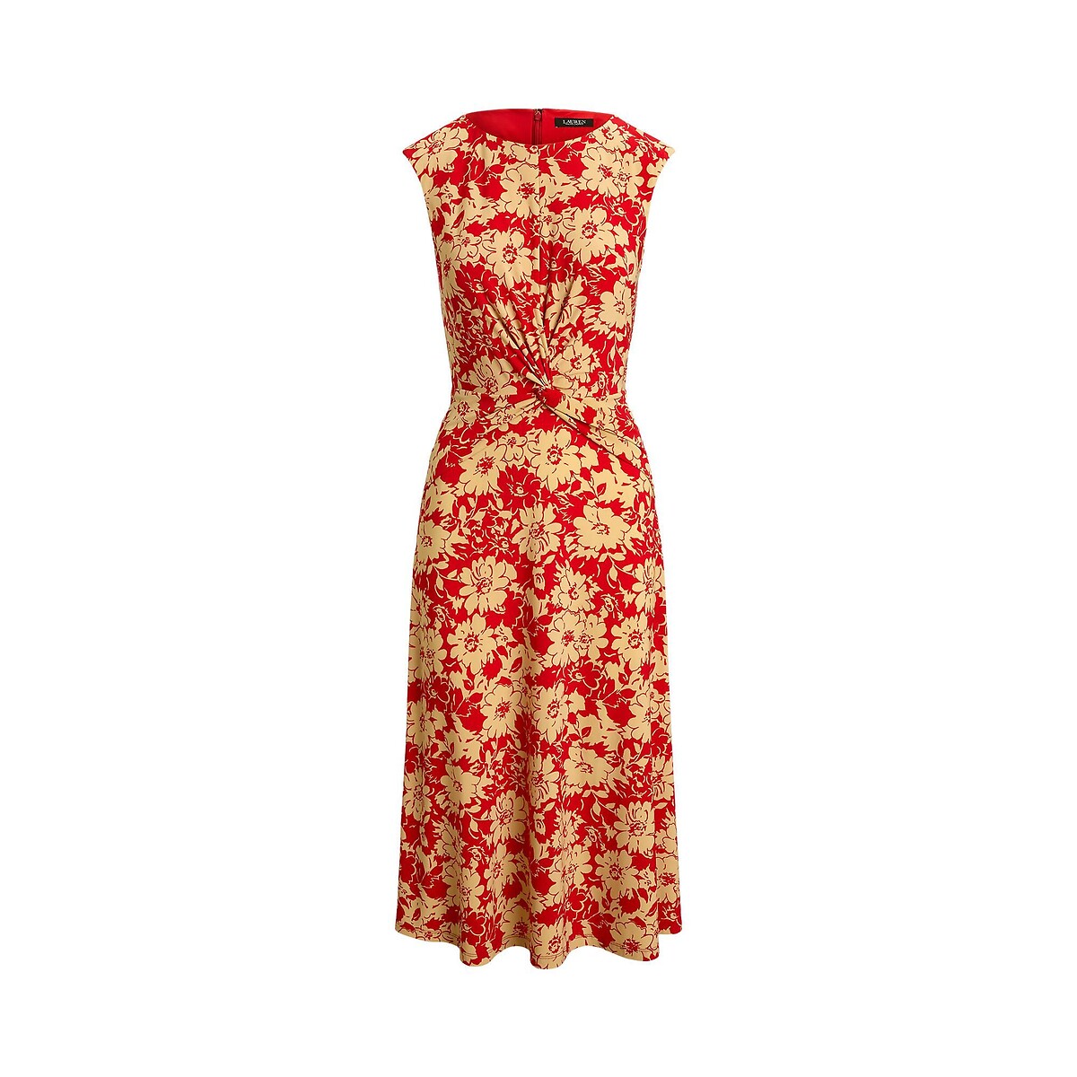Robe midi sans manches col rond, imprimé floral rouge/camel, LAUREN RALPH LAUREN