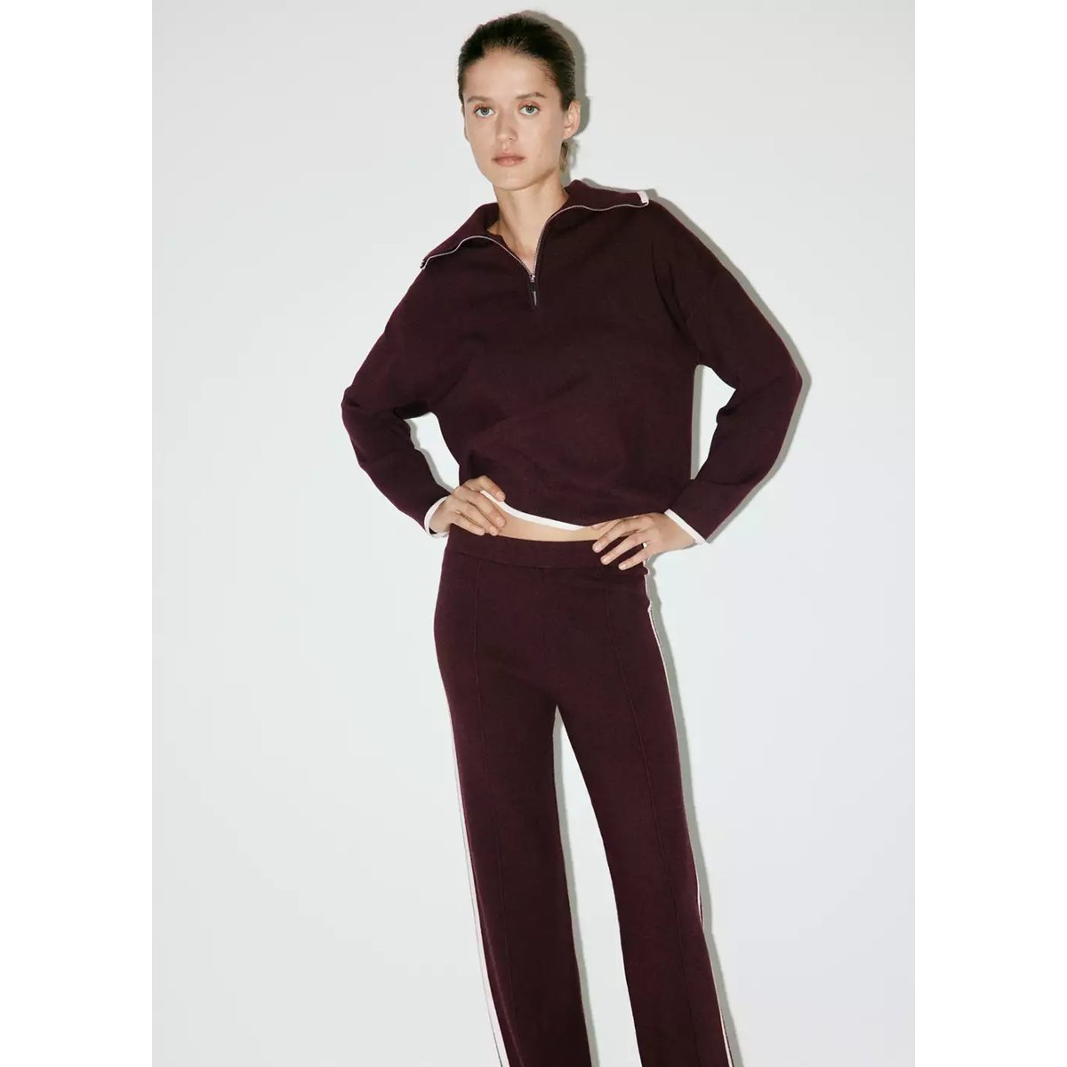 Pantalon maille rayure contrastante chocolat, MANGO
